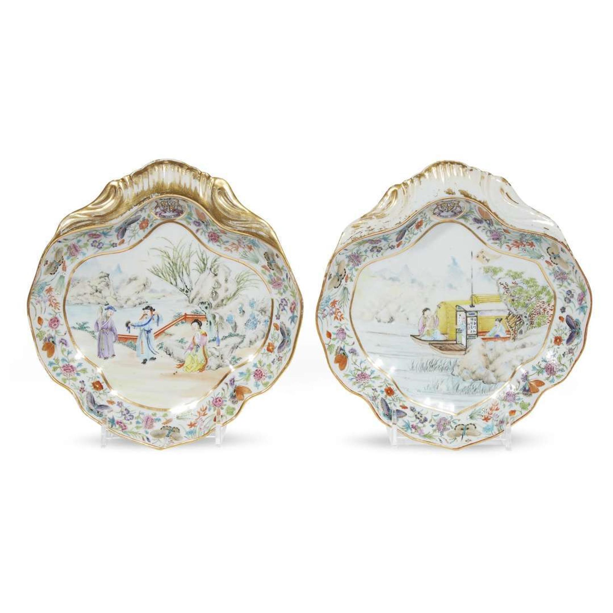 A pair of Chinese export rose mandarin armorial shrimp dishes 18th century