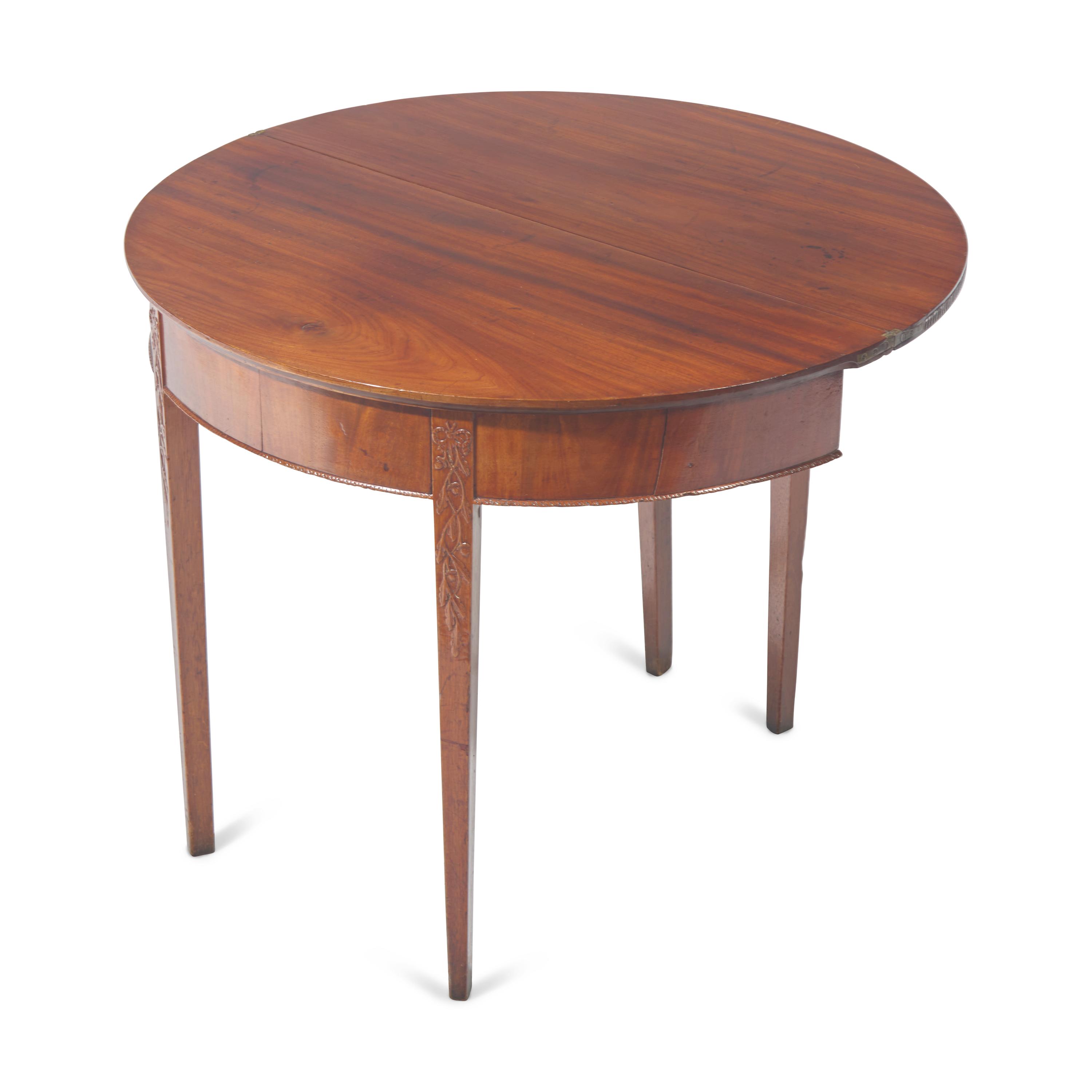 A Federal Carved and Veneered Mahogany Demilune Card Table