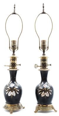 A Pair of Painted Ceramic Lamps Height overall 25 inches.