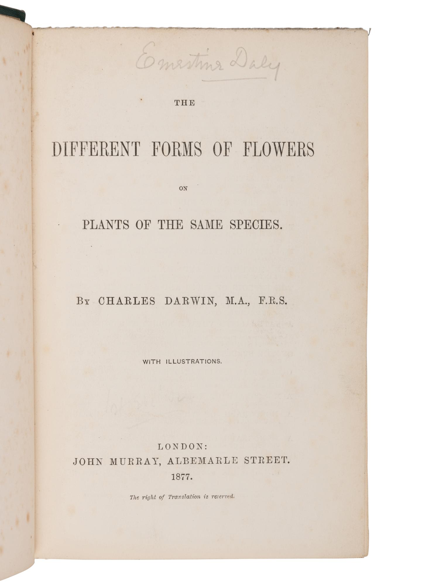 DARWIN, Charles (1809-1882). The Different Forms of Flowers on Plants of the Same Species . London: John Murray, 1877.