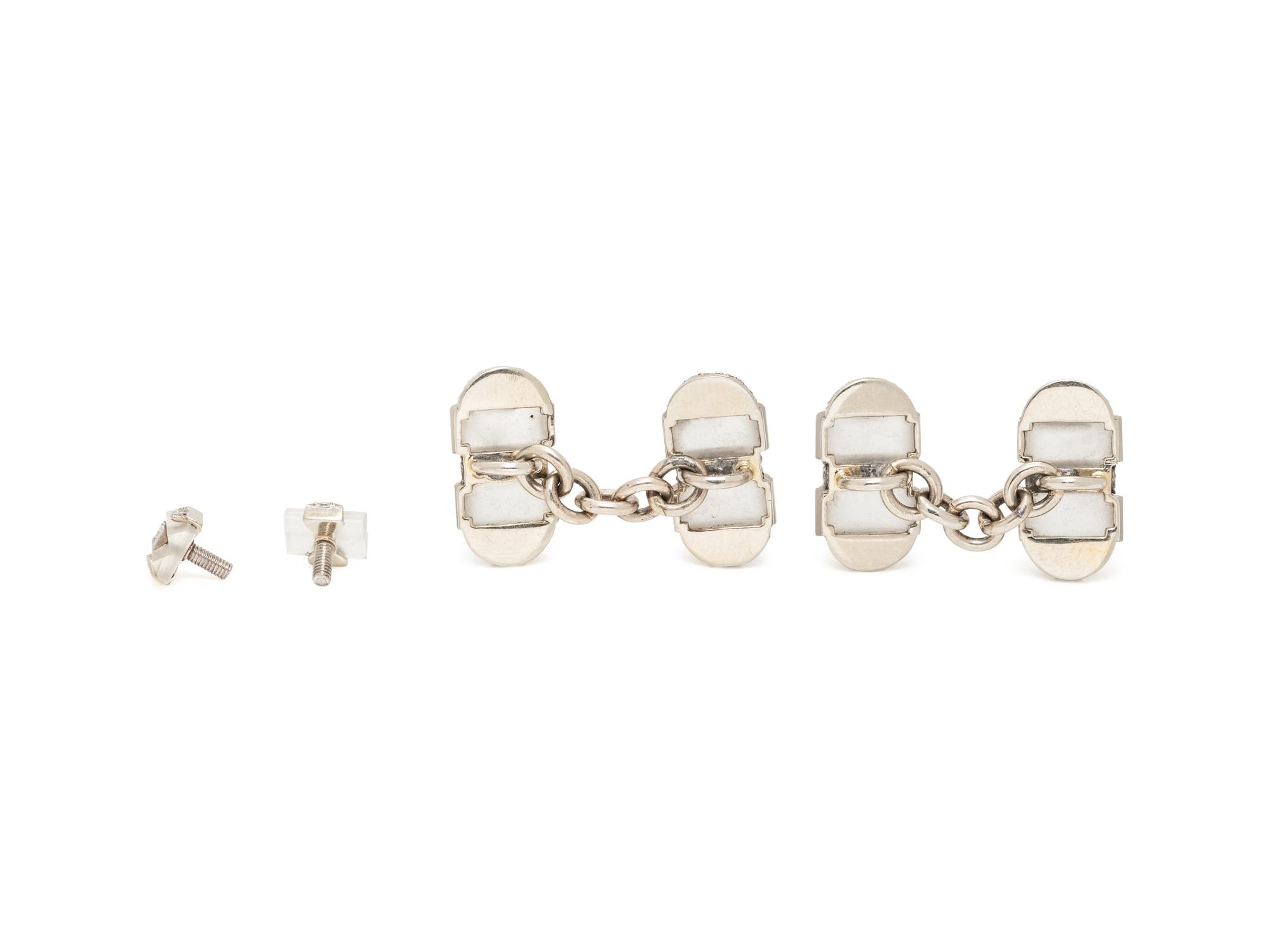 WHITE GOLD, FROSTED CRYSTAL, AND DIAMOND CUFFLINKS AND STUDS