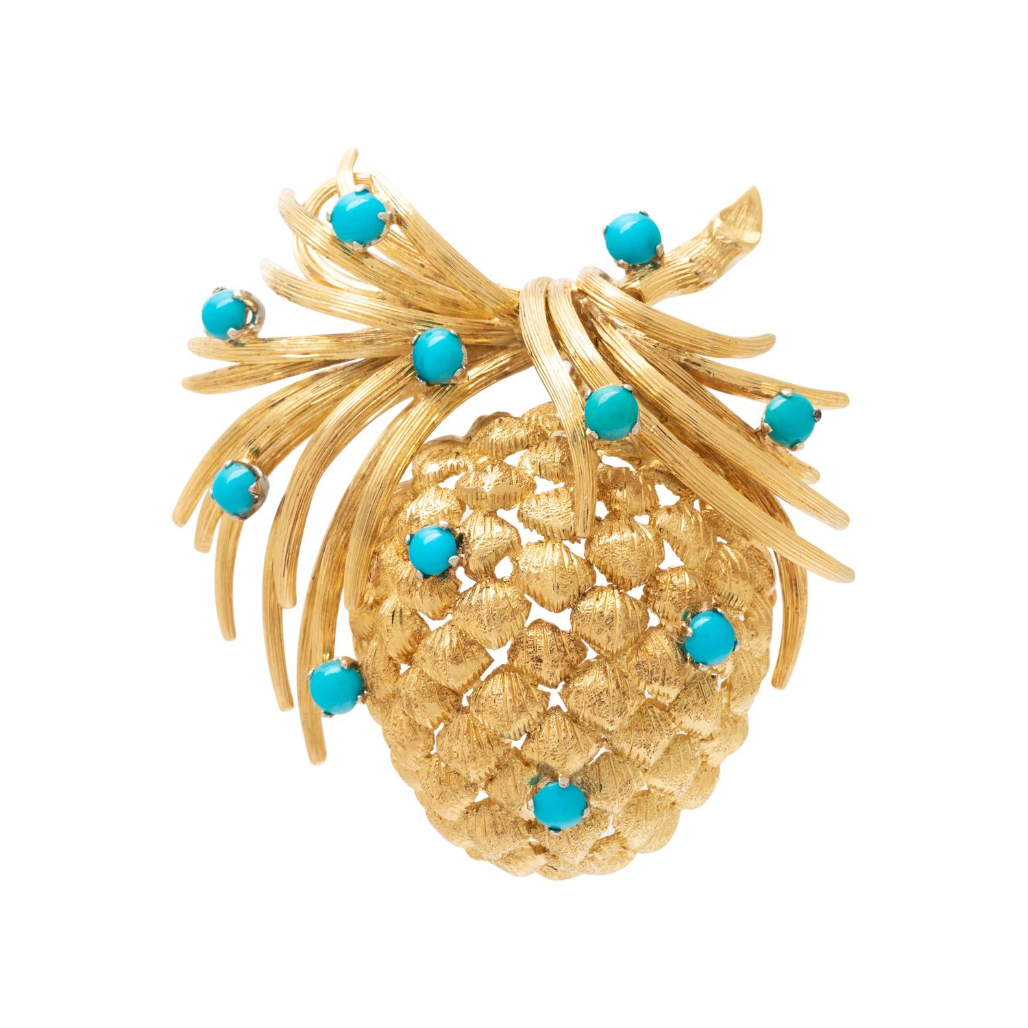 YELLOW GOLD AND TURQUOISE PINECONE BROOCH
