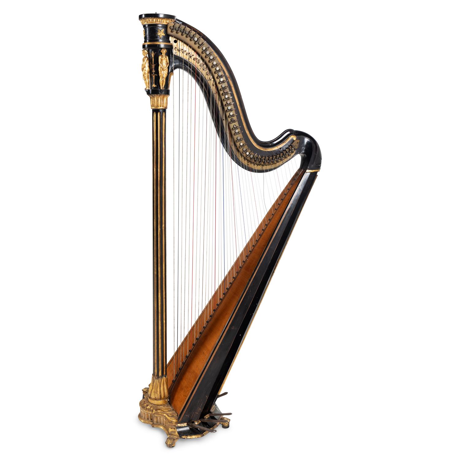An Empire Black Lacquer and Parcel Gilt Harp