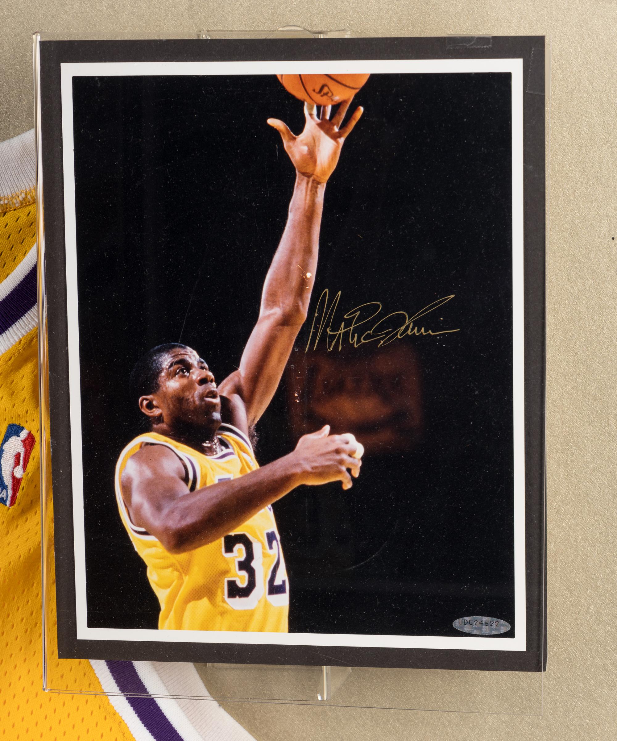 An Upper Deck Authenticated Magic Johnson Multi Signed Autograph Los Angeles Lakers Shadowbox Display,