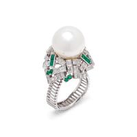 CULTURED SOUTH SEA PEARL, DIAMOND AND EMERALD RING