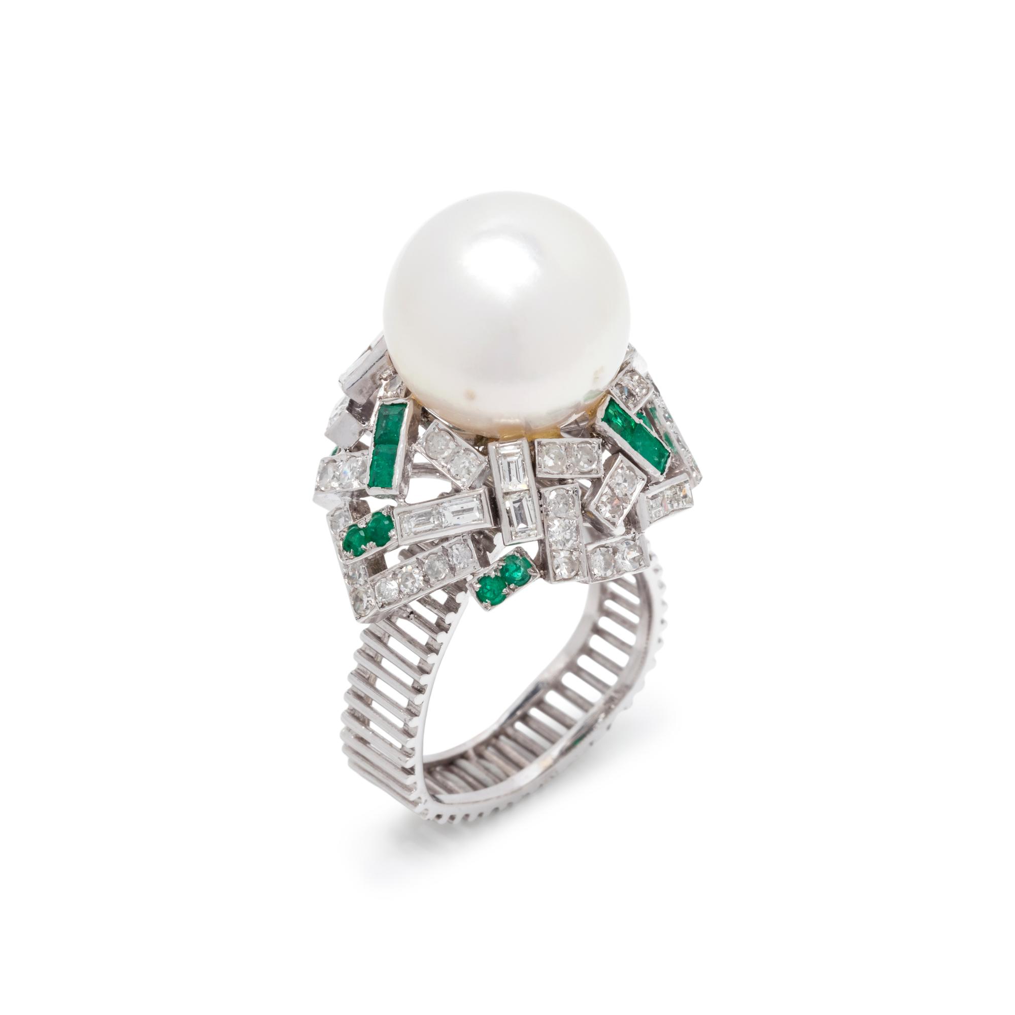 CULTURED SOUTH SEA PEARL, DIAMOND AND EMERALD RING