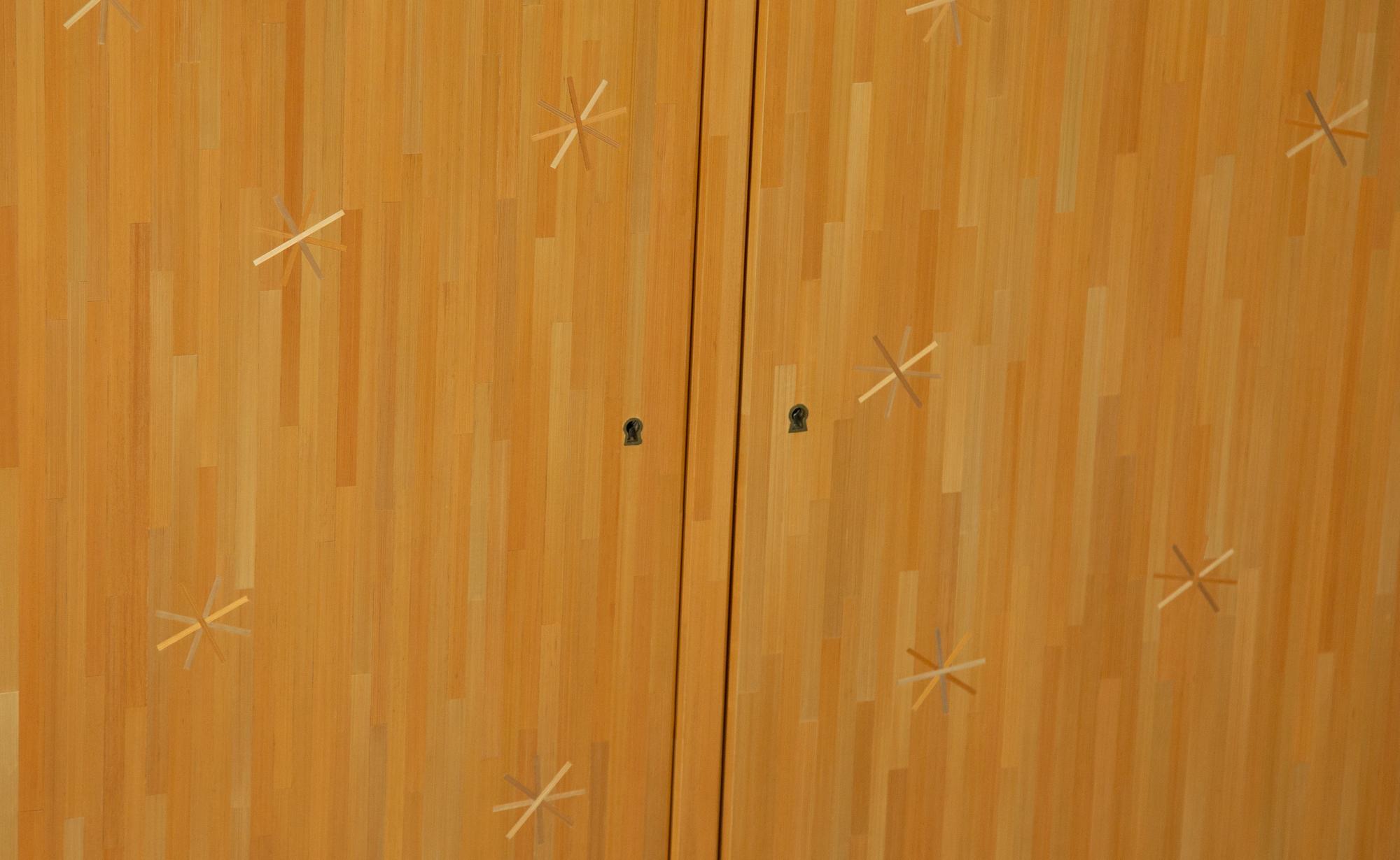 A Linear Straw Marquetry Star Inlaid Etoile Sideboard Designed by Rémi Tessier After Jean Royère