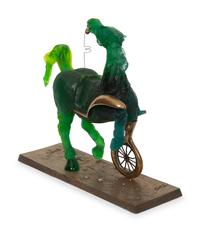 A Daum Pâte de Verre and Bronze Sculpture, Debris d'une automobile donnant naissance a un cheval aveugle mordant un telephone