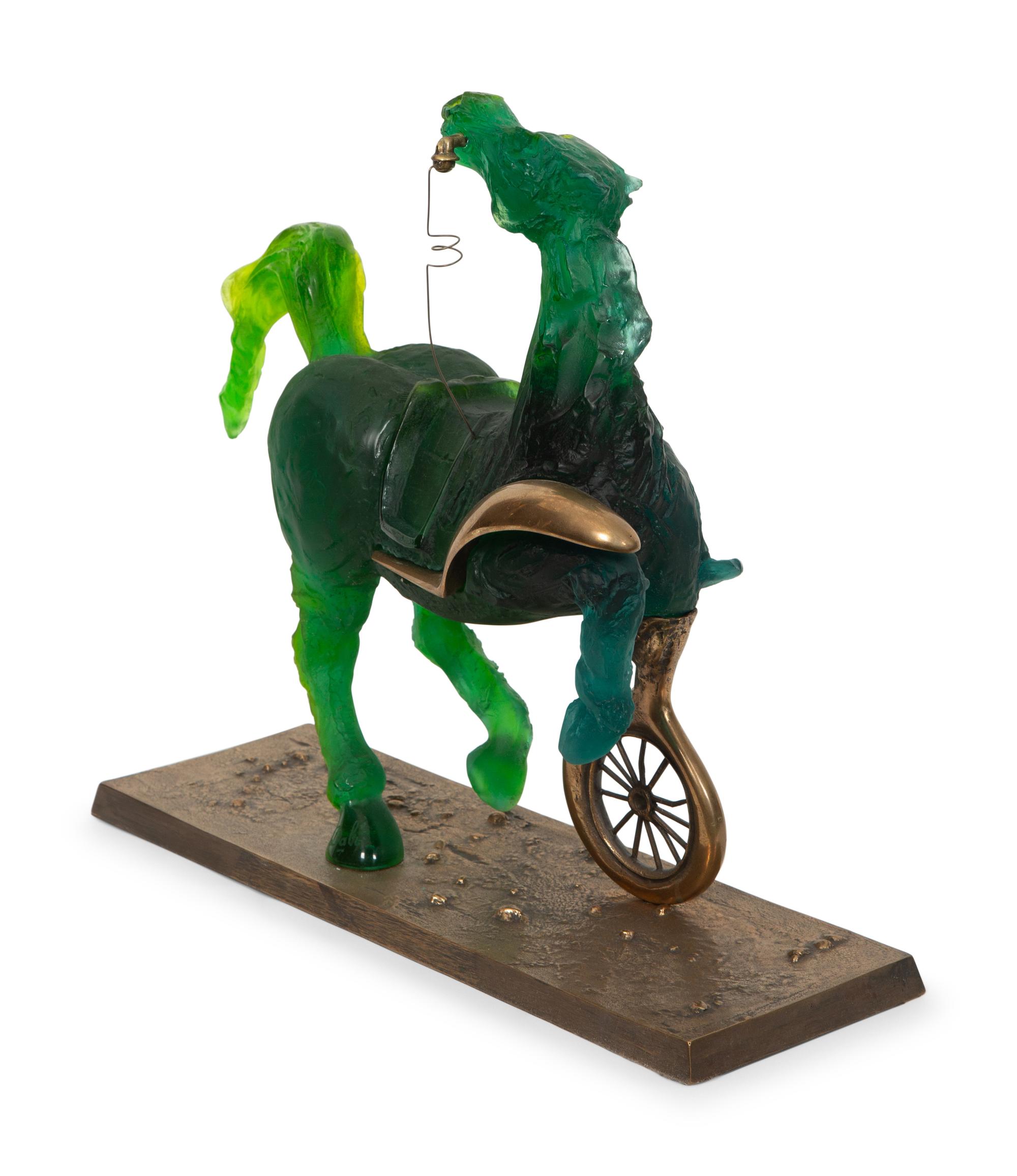 A Daum Pâte de Verre and Bronze Sculpture, Debris d'une automobile donnant naissance a un cheval aveugle mordant un telephone