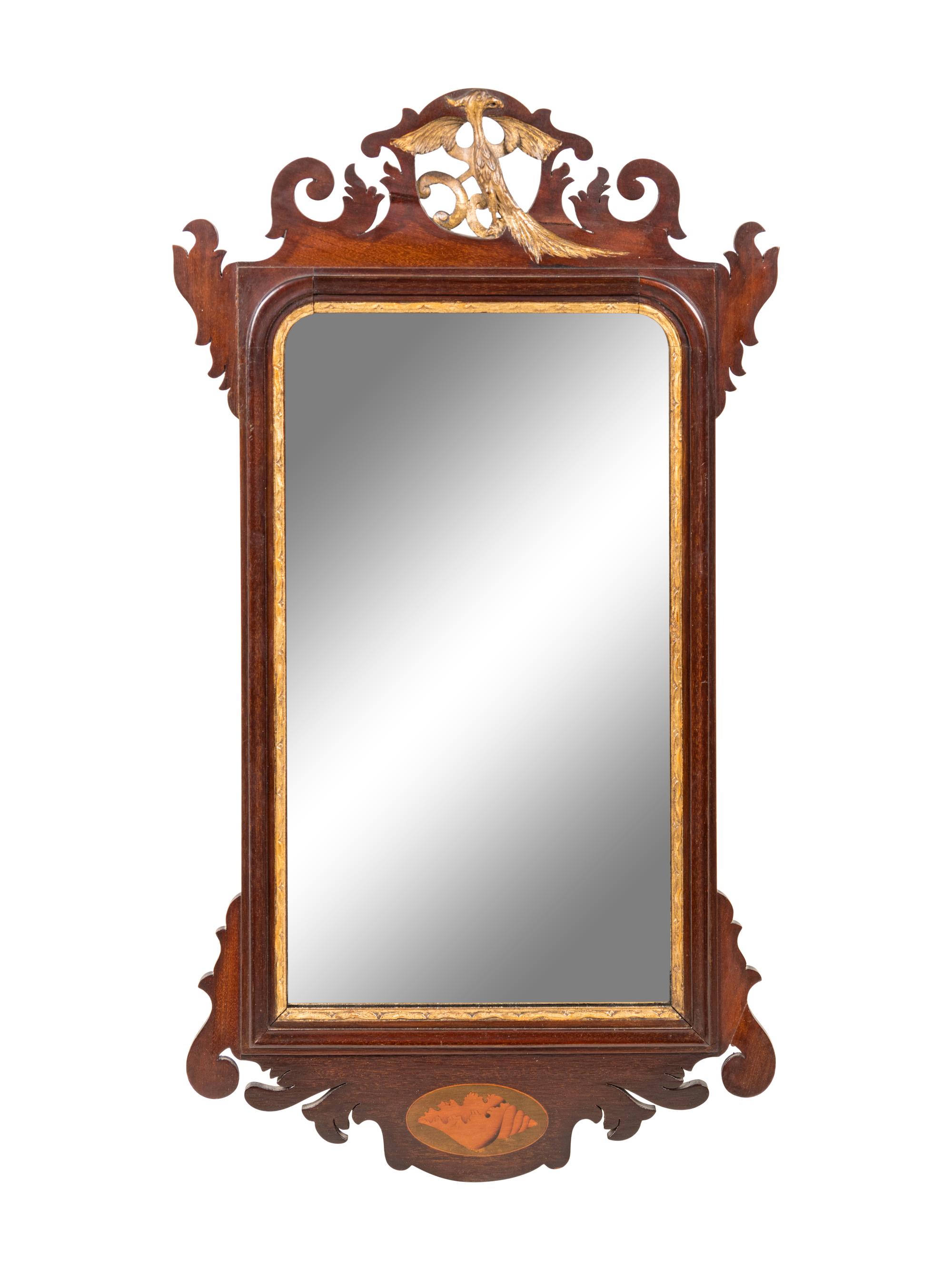 A Chippendale Parcel Gilt Mahogany and Marquetry Looking Glass
