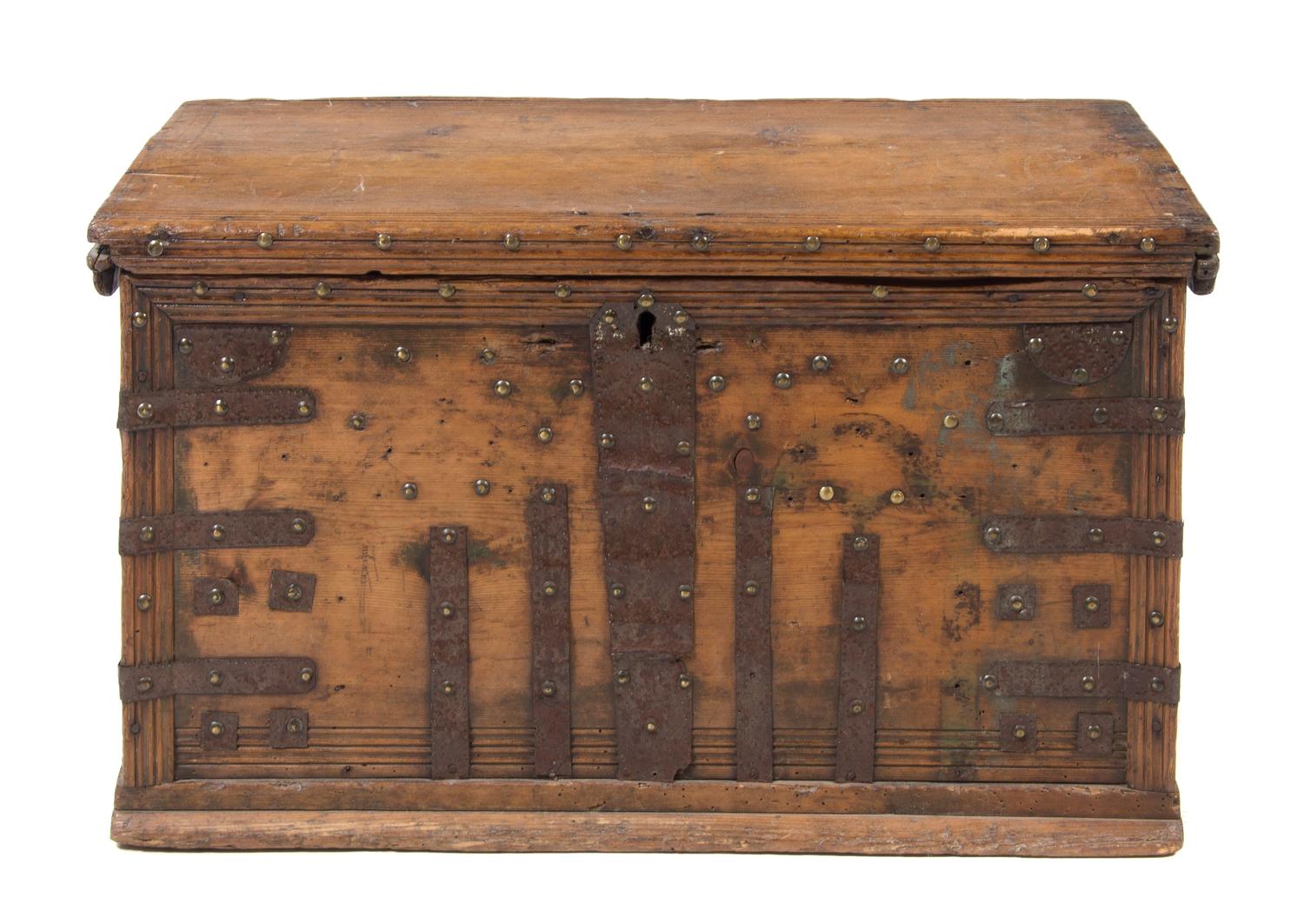 An English Iron Mounted Pine Coffer Height 15 3/4 x width 27 3/4 x depth 14 7/8 inches. — 18TH CENTURY