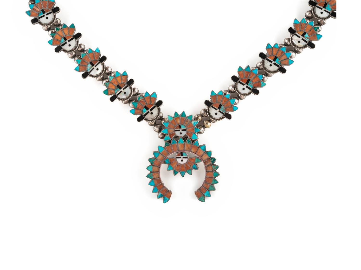 Zuni Silver and Mosaic Inlay Sunface Squash Blossom Necklace