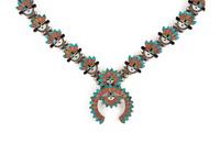 Zuni Silver and Mosaic Inlay Sunface Squash Blossom Necklace