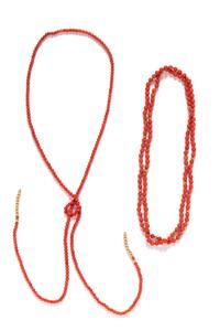 A Collection of Yellow Gold and Coral Bead Necklaces,