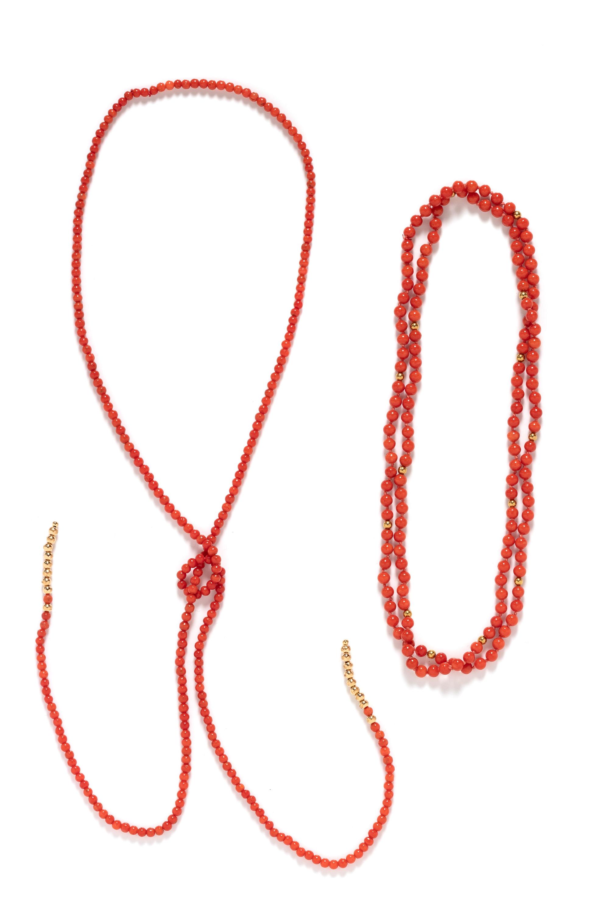 A Collection of Yellow Gold and Coral Bead Necklaces,