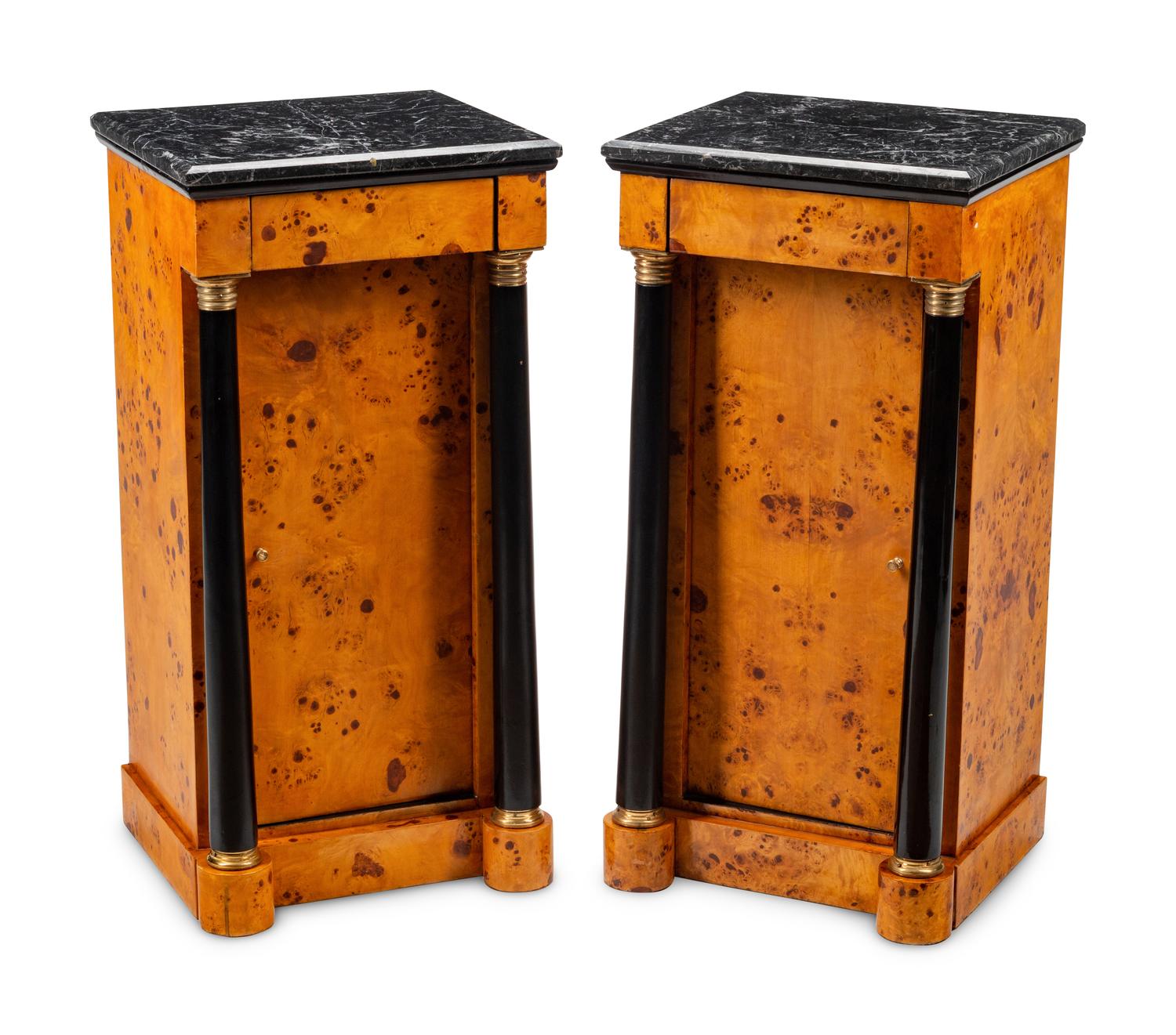 A Pair of Empire Style Part-Ebonized Burlwood Marble-Top Side Cabinets