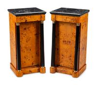 A Pair of Empire Style Part-Ebonized Burlwood Marble-Top Side Cabinets