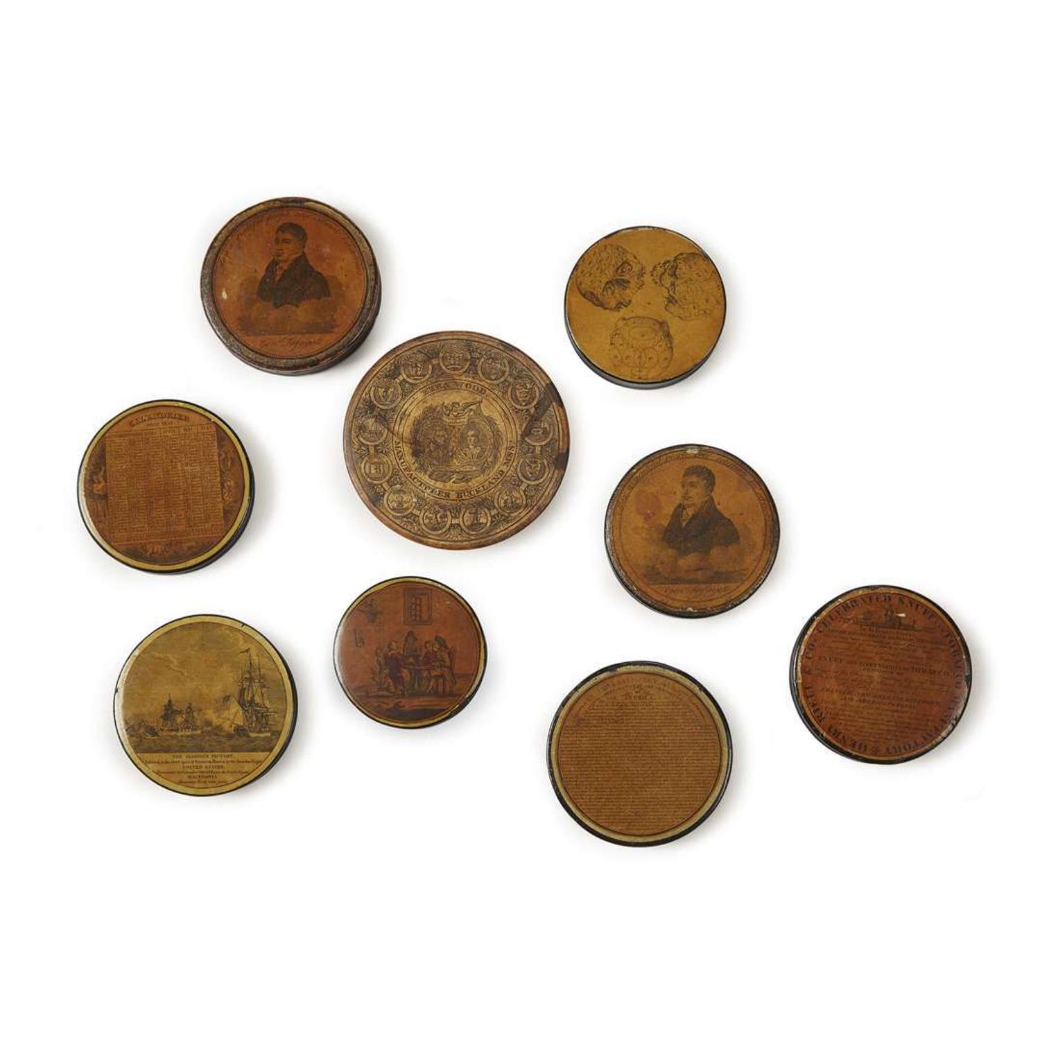 Decoupaged wood soap box and group of eight papier-mâché snuff boxes circa 1810-1860