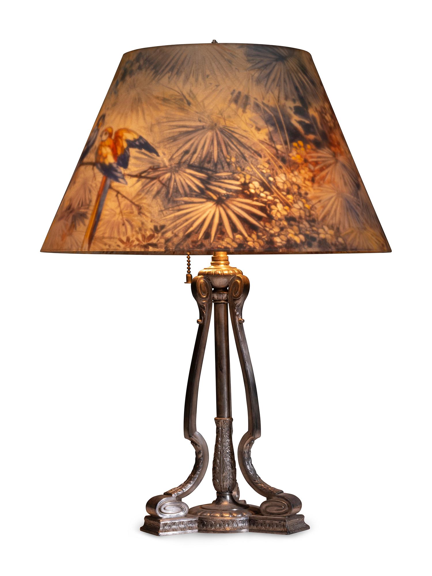 A Pairpoint Jungle Bird Reverse Painted Table Lamp