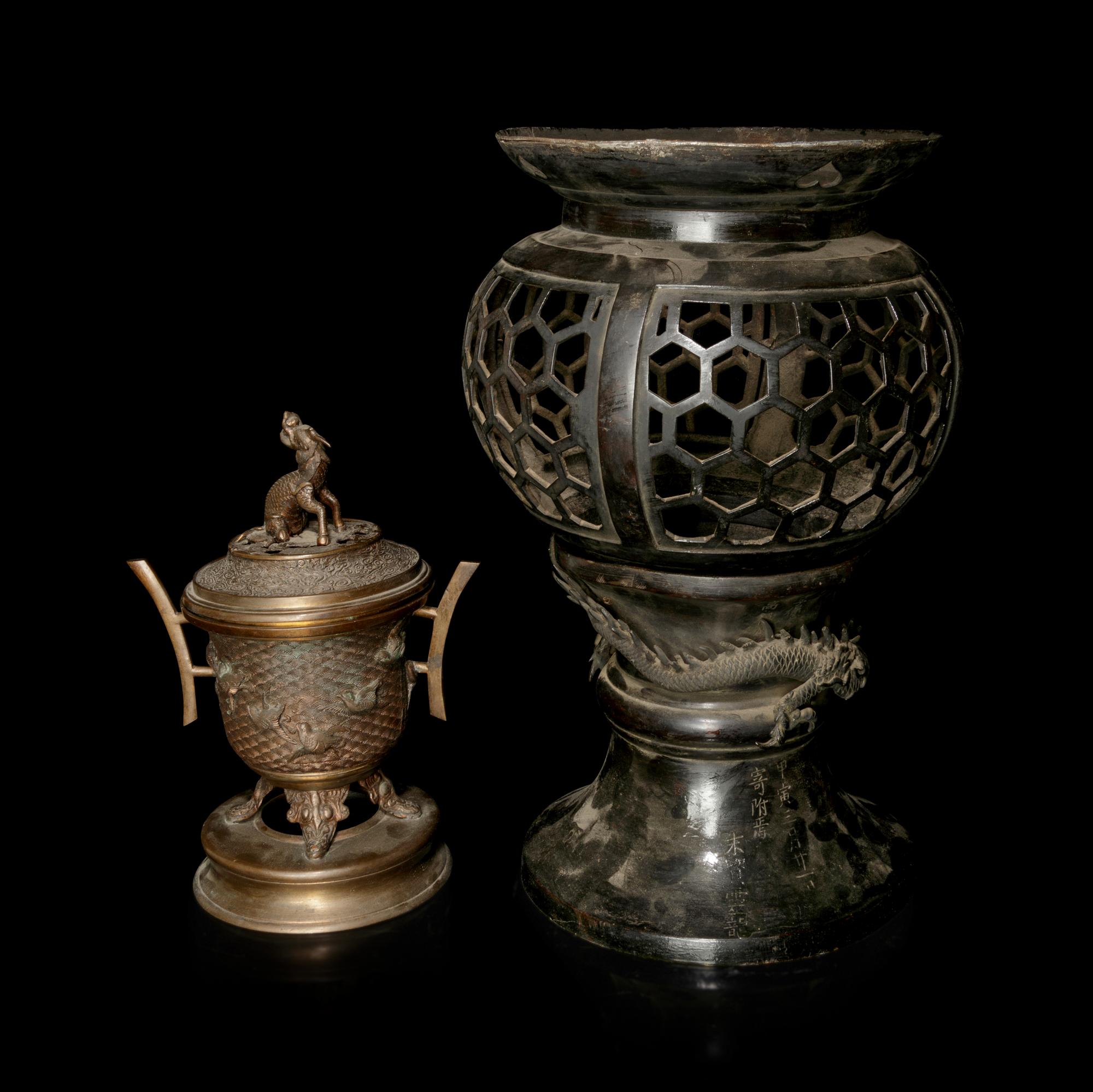 Two Bronze Incense Burners and a Chinese Pewter Tray