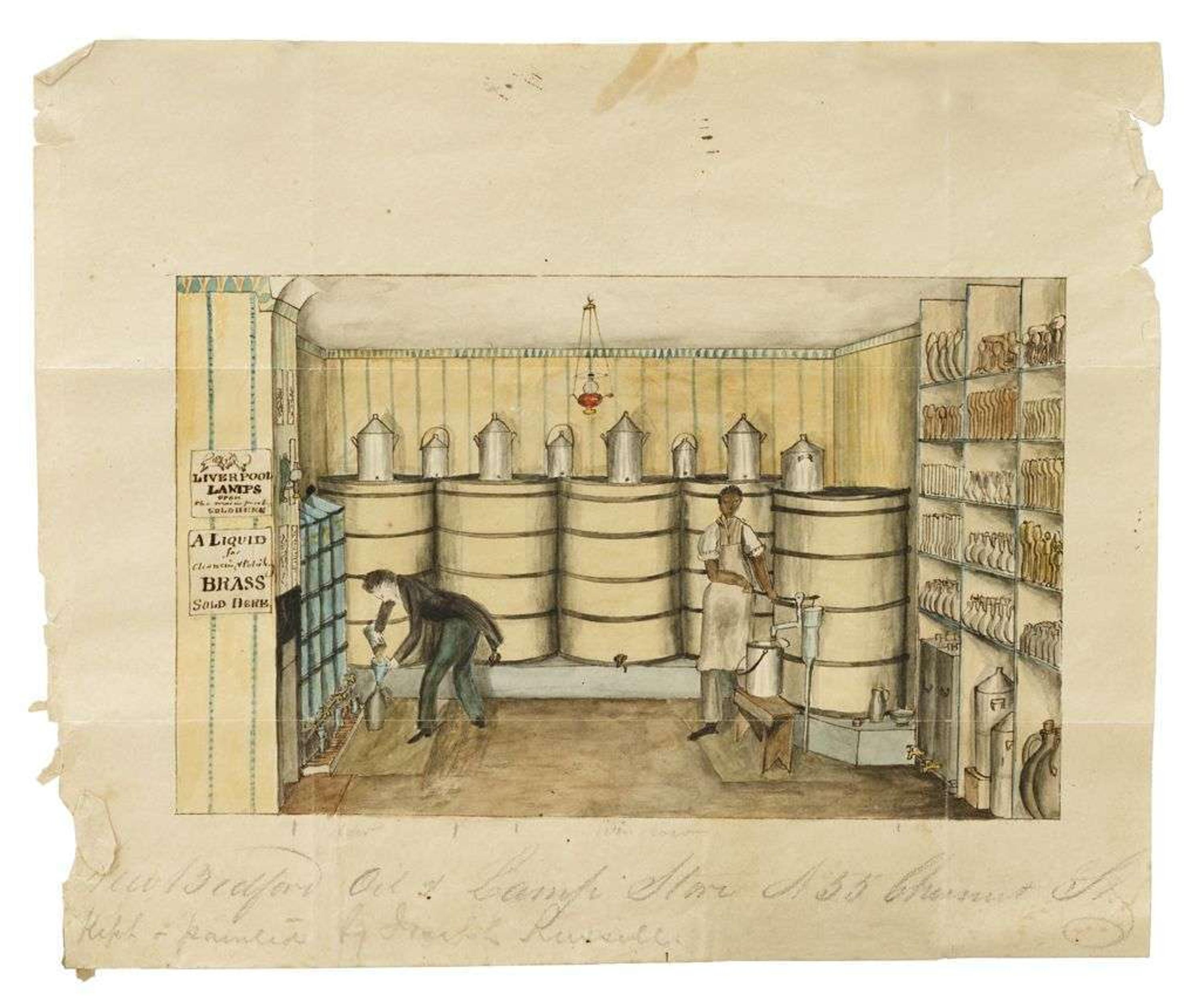 Joseph Shoemaker Russell (1795-1860) interior of the j.s. russell whale oil and lamp store, 55 chestnut st., philadelph