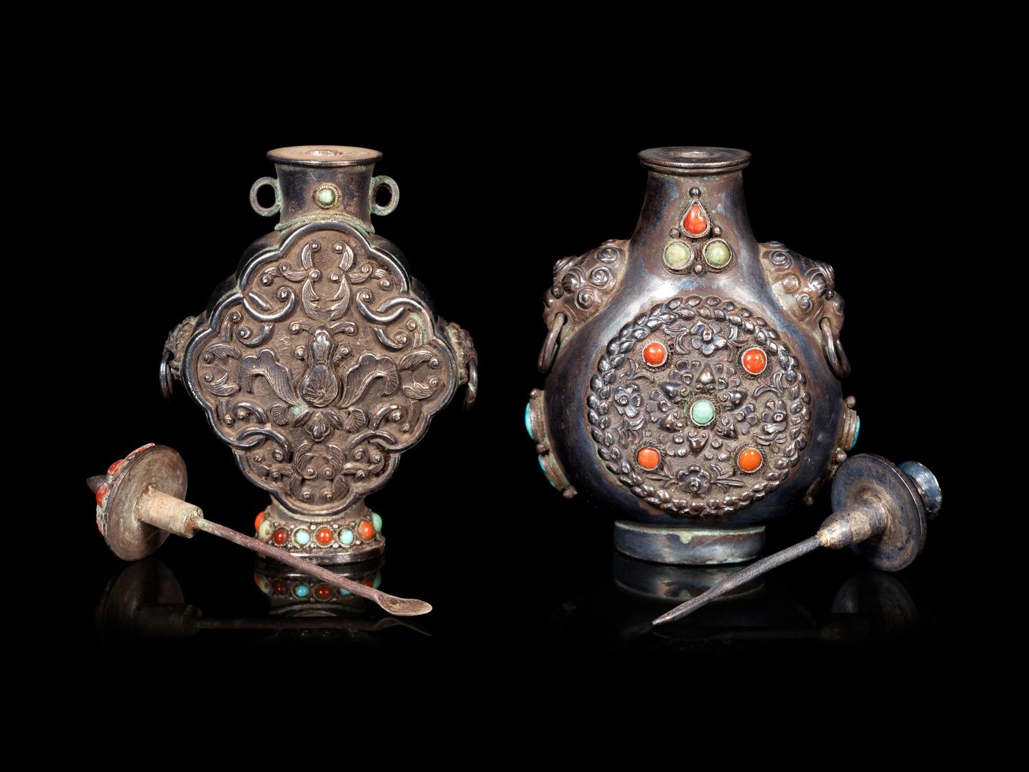 Two Mongolian or Tibetan Hardstone Inset Metal Snuff Bottles