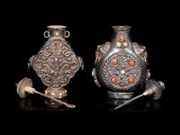 Two Mongolian or Tibetan Hardstone Inset Metal Snuff Bottles