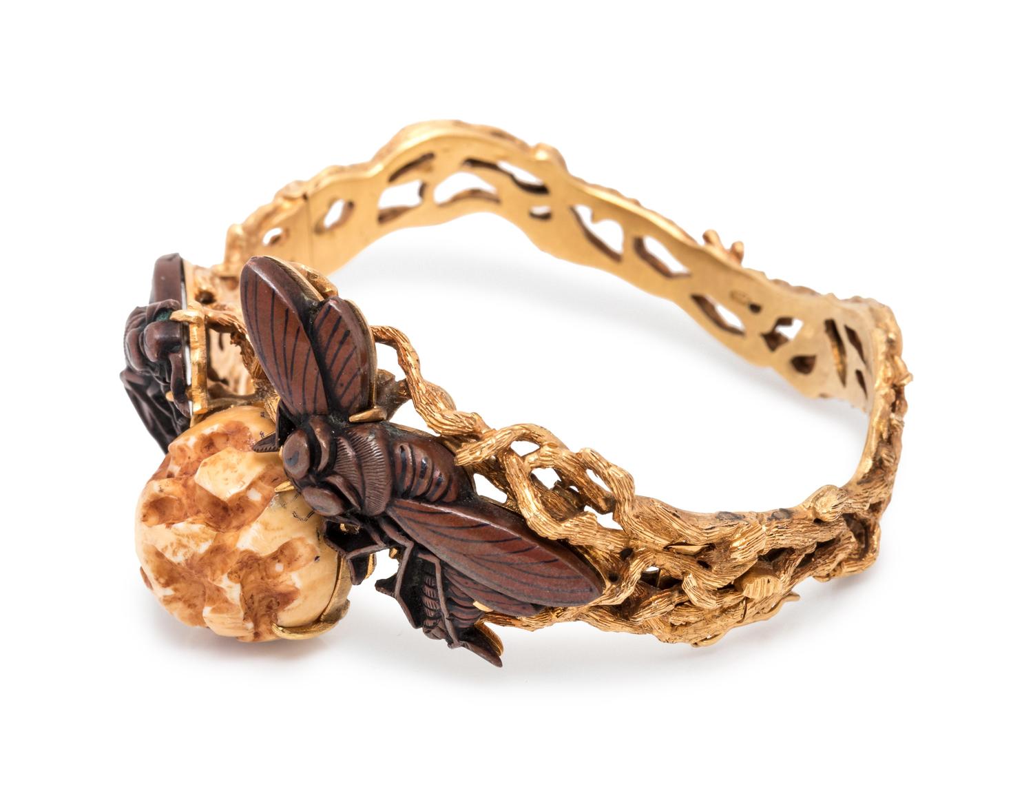 A 14 Karat Yellow Gold, Shakudo and Bone Bangle Bracelet,