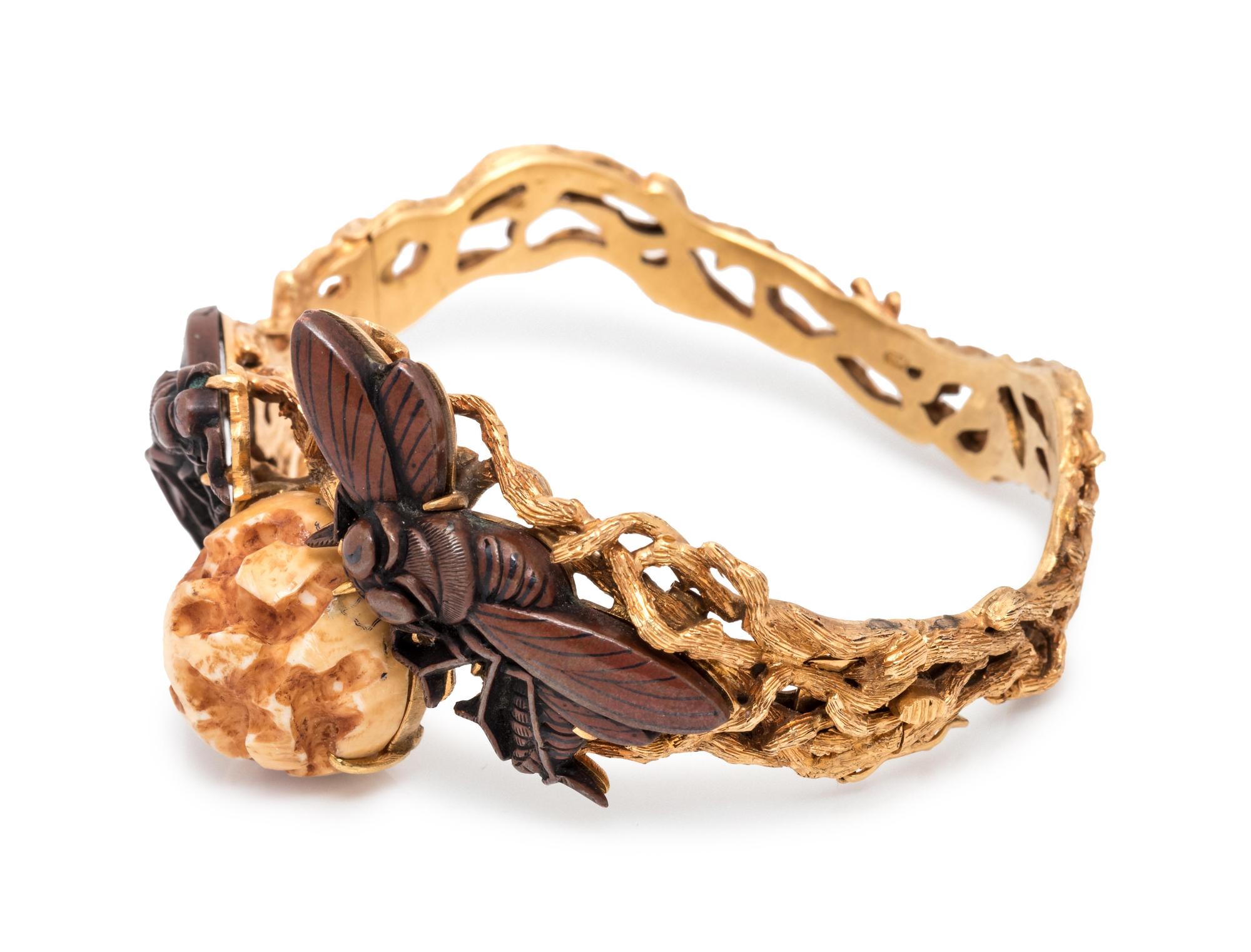 A 14 Karat Yellow Gold, Shakudo and Bone Bangle Bracelet,