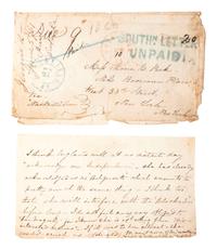 [CIVIL WAR]. Letter from a southern woman, "Jennie D," regarding England's relationship with the Confederacy, with cover marked "Southn Letter Unpaid." 5 June 1861.