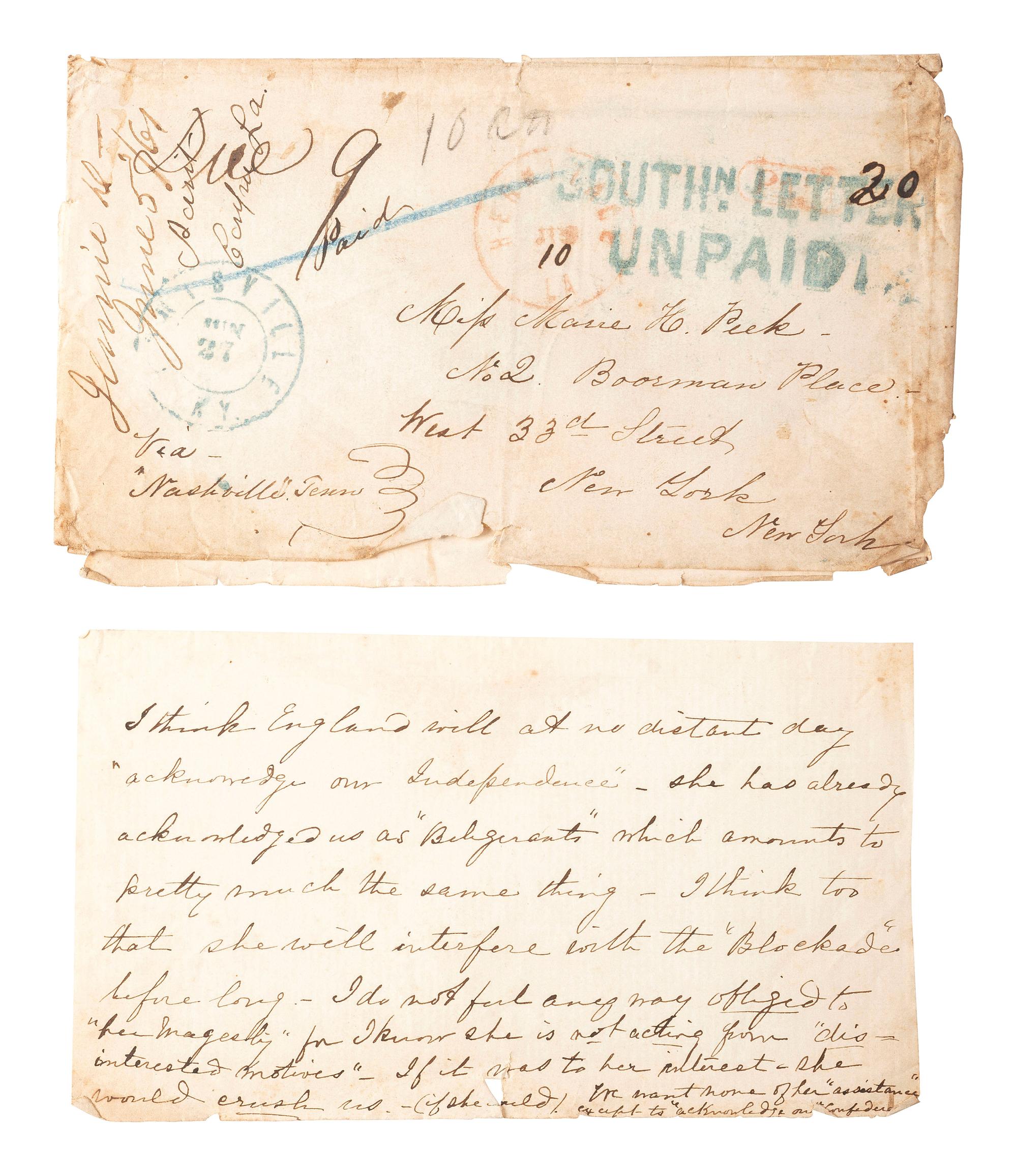 [CIVIL WAR]. Letter from a southern woman, "Jennie D," regarding England's relationship with the Confederacy, with cover marked "Southn Letter Unpaid." 5 June 1861.