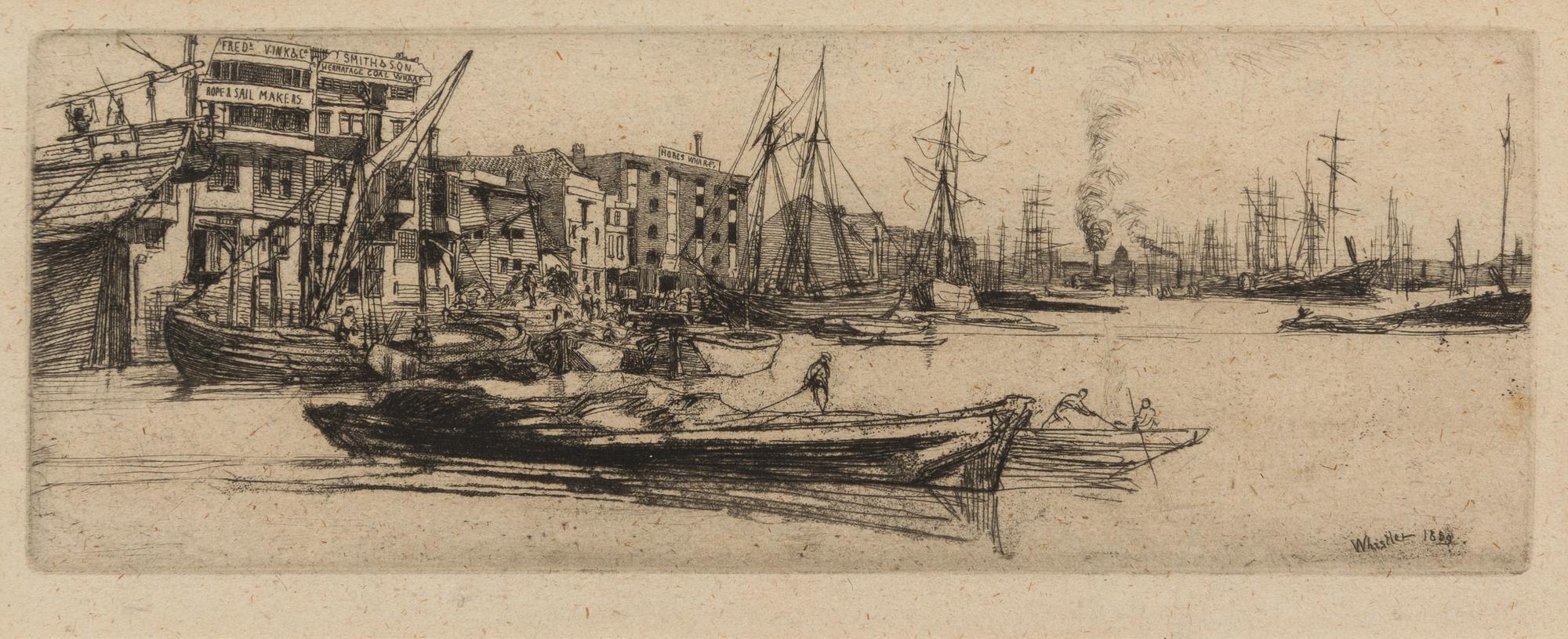 James Abbott McNeill Whistler, (American, 1834-1903), Thames Warehouses (from the Thames Set), 1859