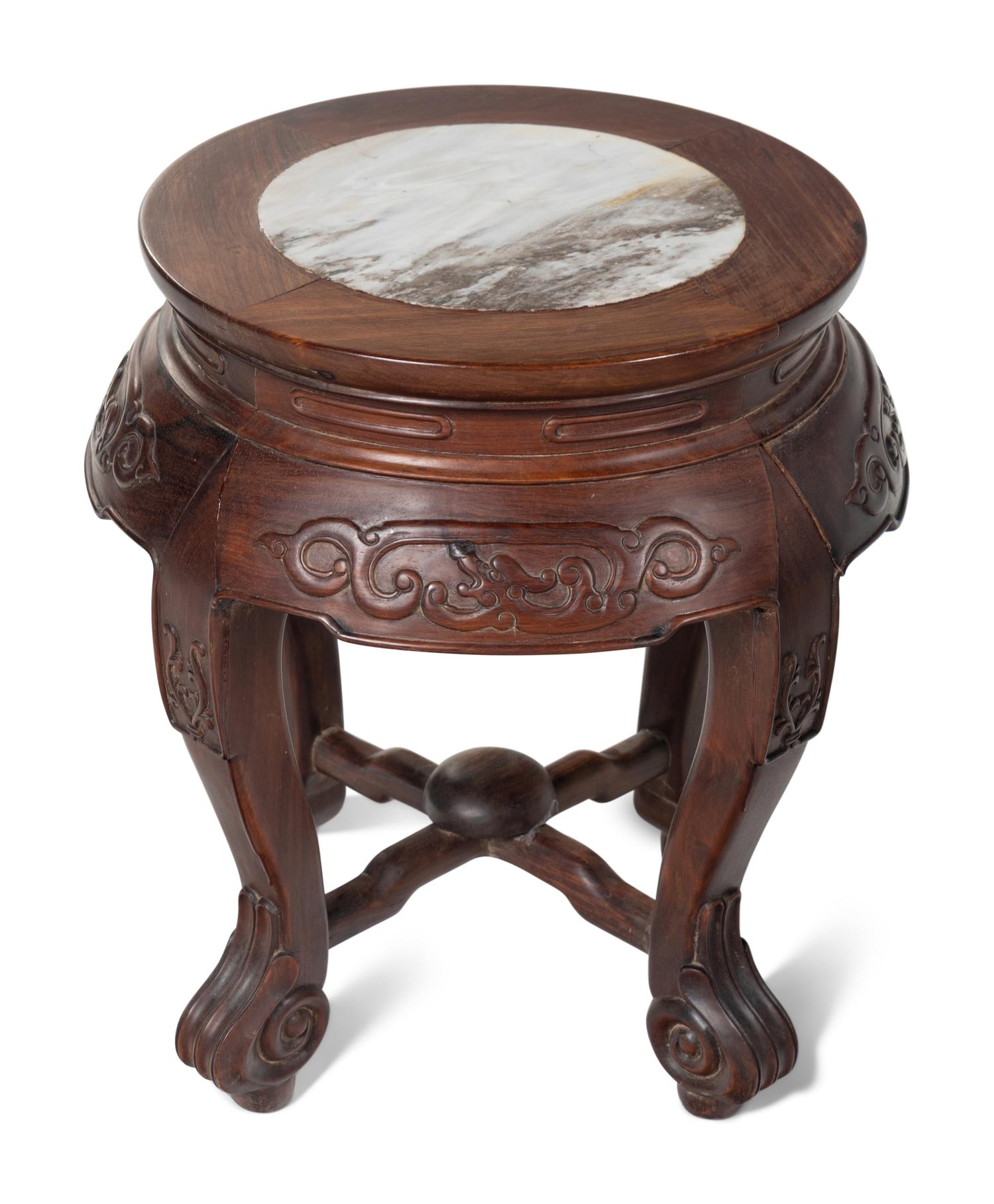 A Pair of Chinese Marble Inset Hardwood Demi-Lune Side Tables and Five Matching Stools