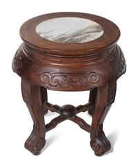 A Pair of Chinese Marble Inset Hardwood Demi-Lune Side Tables and Five Matching Stools