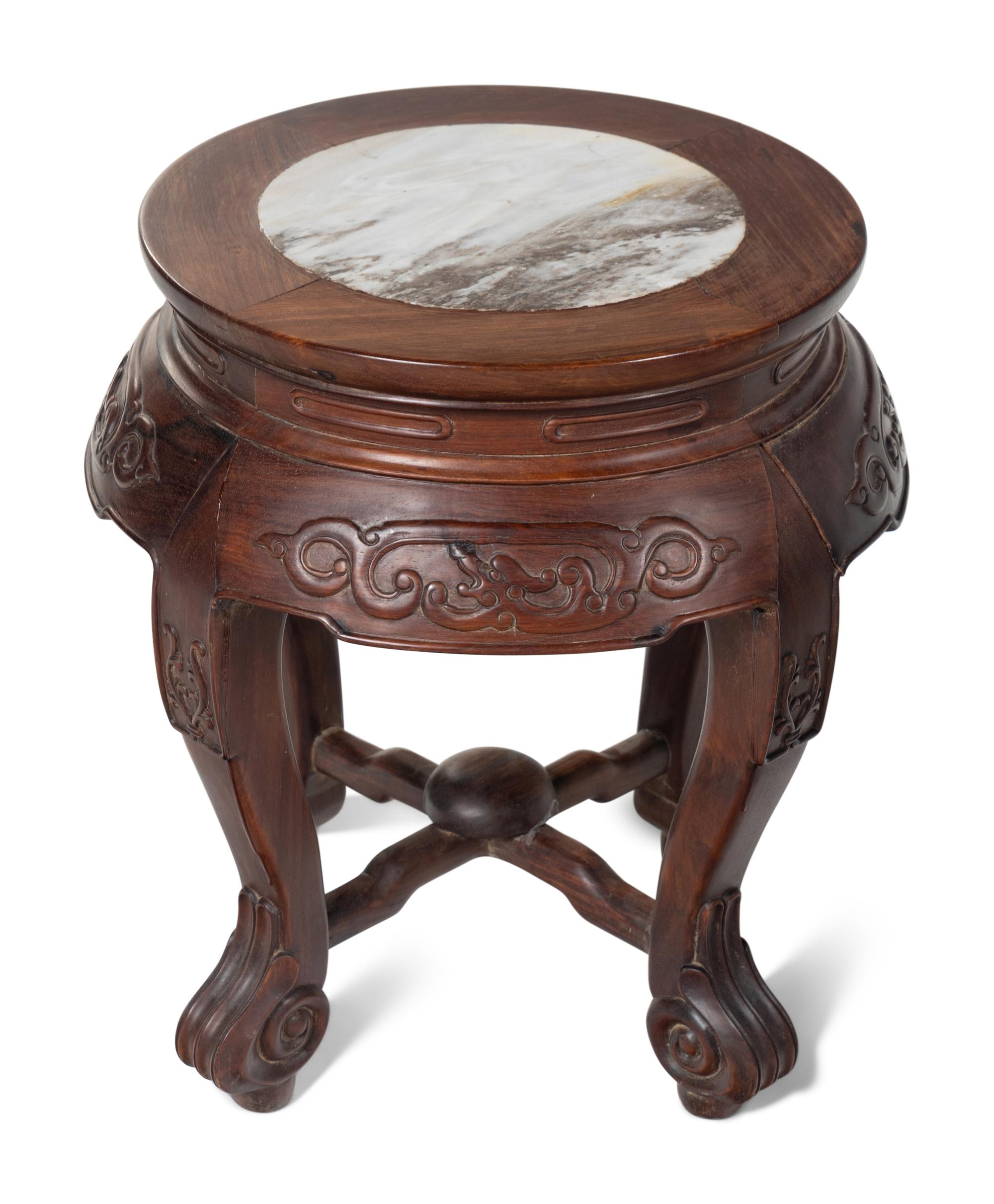 A Pair of Chinese Marble Inset Hardwood Demi-Lune Side Tables and Five Matching Stools