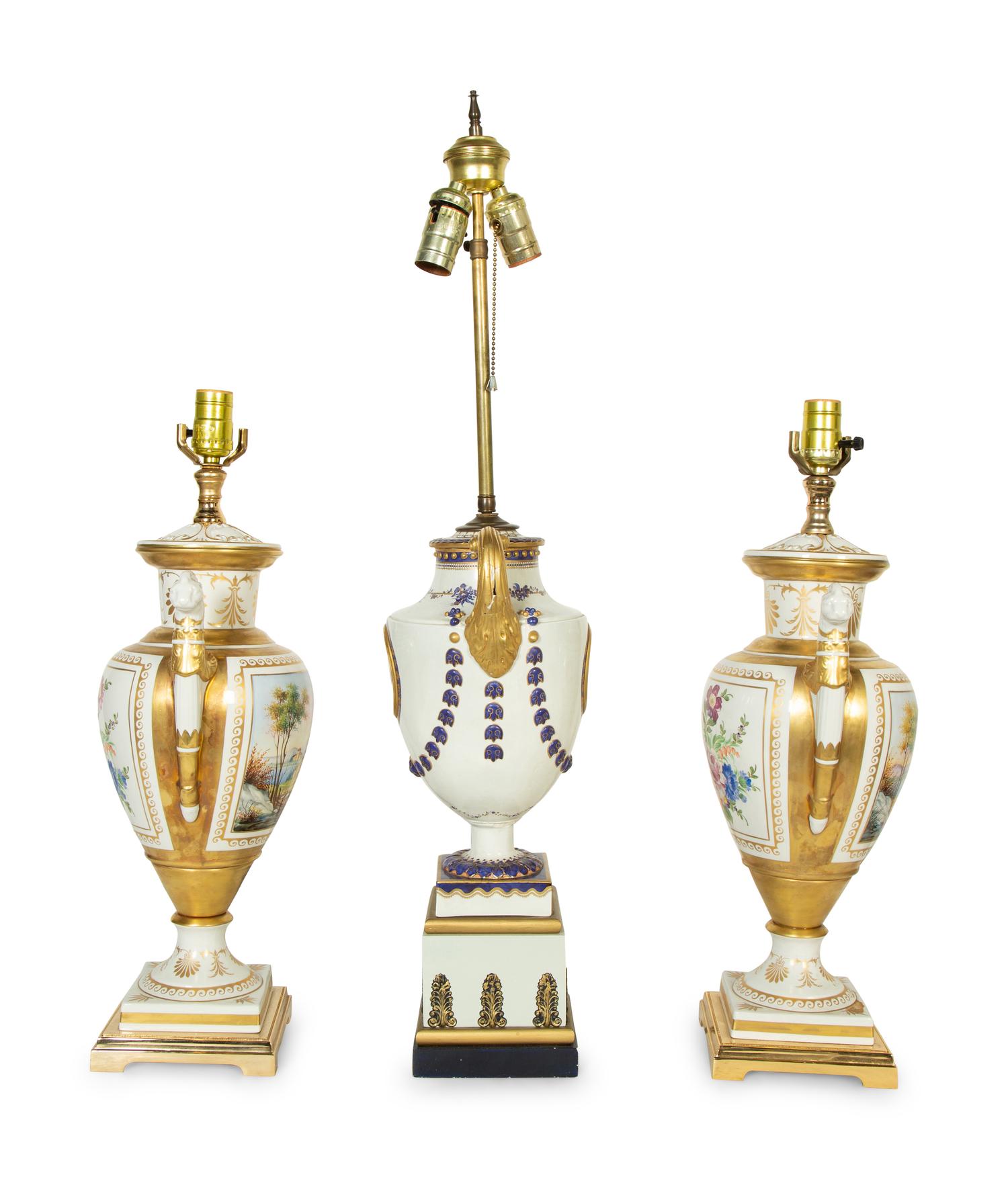A Pair of Paris Porcelain Lamps and an Additional Lamp