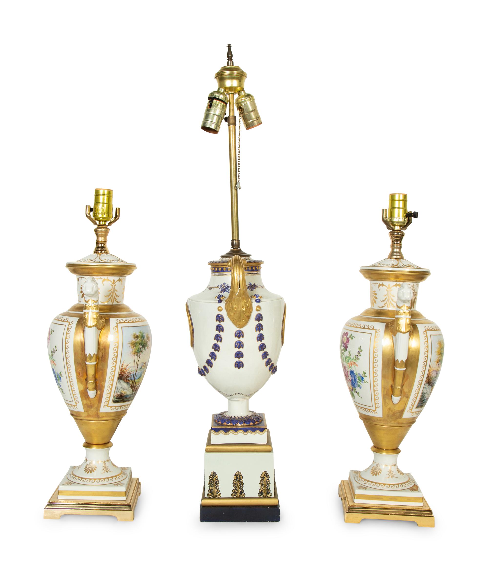 A Pair of Paris Porcelain Lamps and an Additional Lamp
