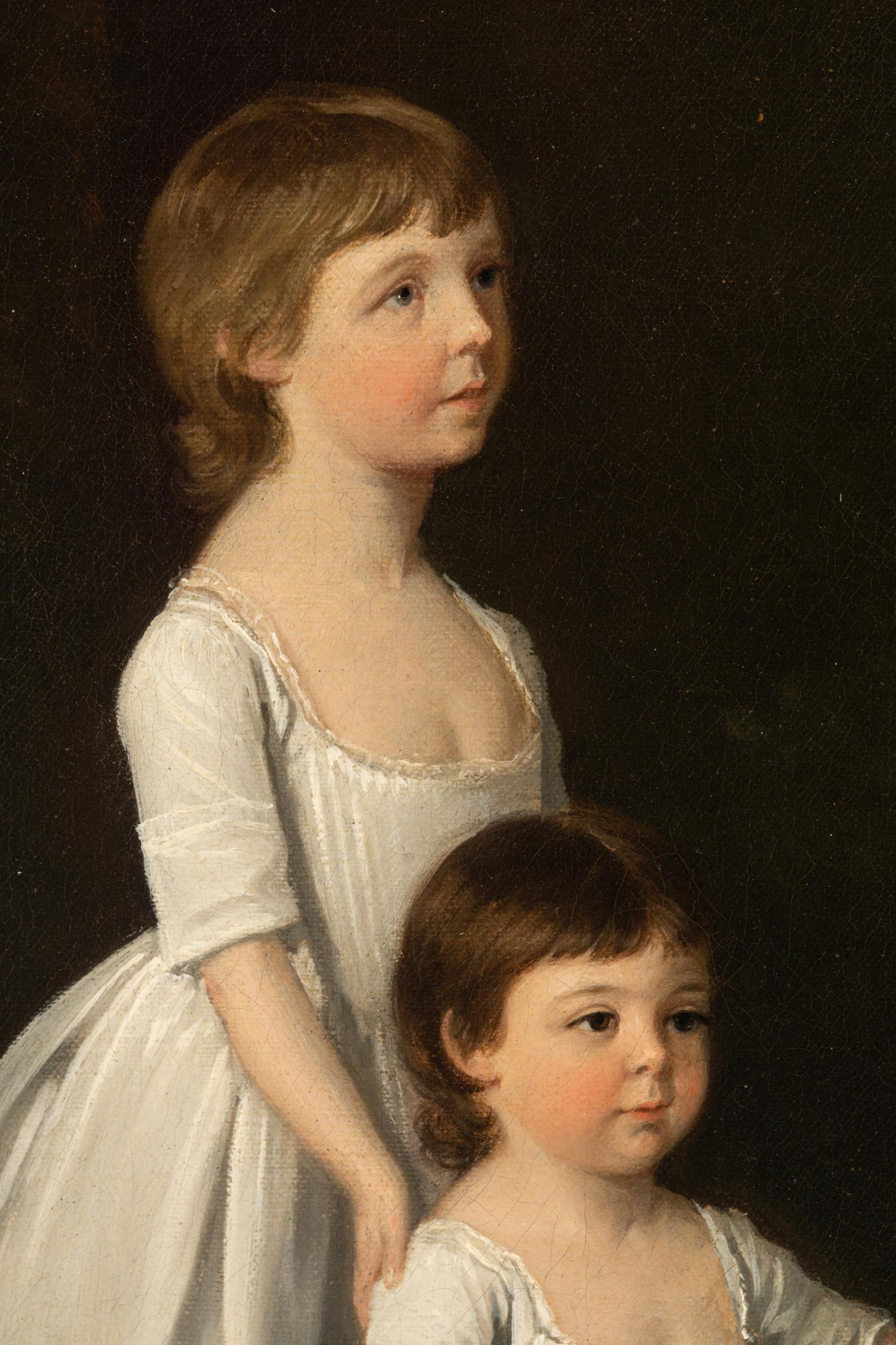 Group Portrait of Catherine, Charlotte, and Susan Mordaunt, daughters of Sir John Mordaunt, 7th Bt., small full-length, in white dresses, with a dog in a wood