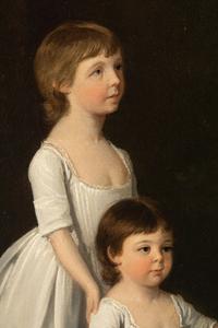 Group Portrait of Catherine, Charlotte, and Susan Mordaunt, daughters of Sir John Mordaunt, 7th Bt., small full-length, in white dresses, with a dog in a wood