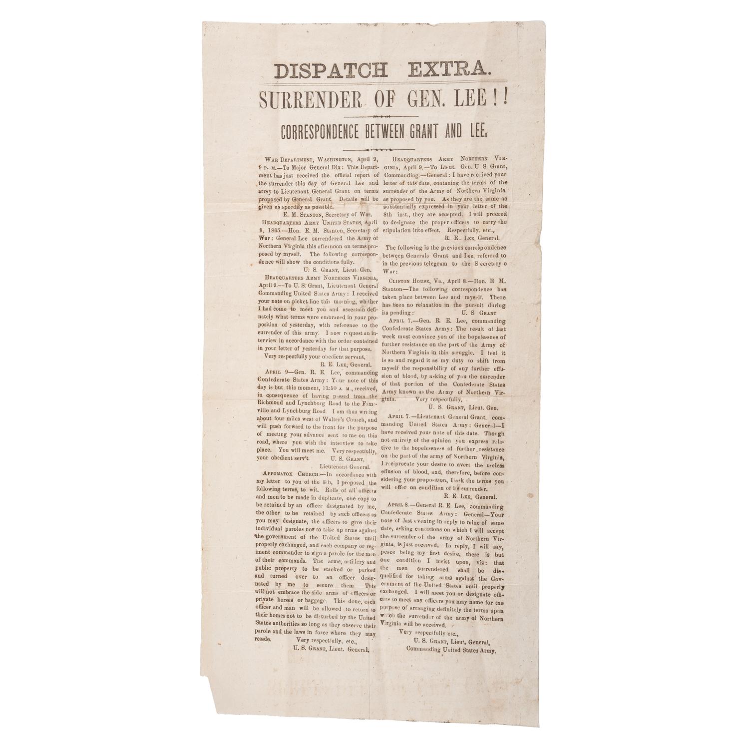 Rare Broadside Announcing the " Surrender of Gen. Lee!! " Incl. ALS by Colonel Thomas Boone, 115th Ohio Infantry