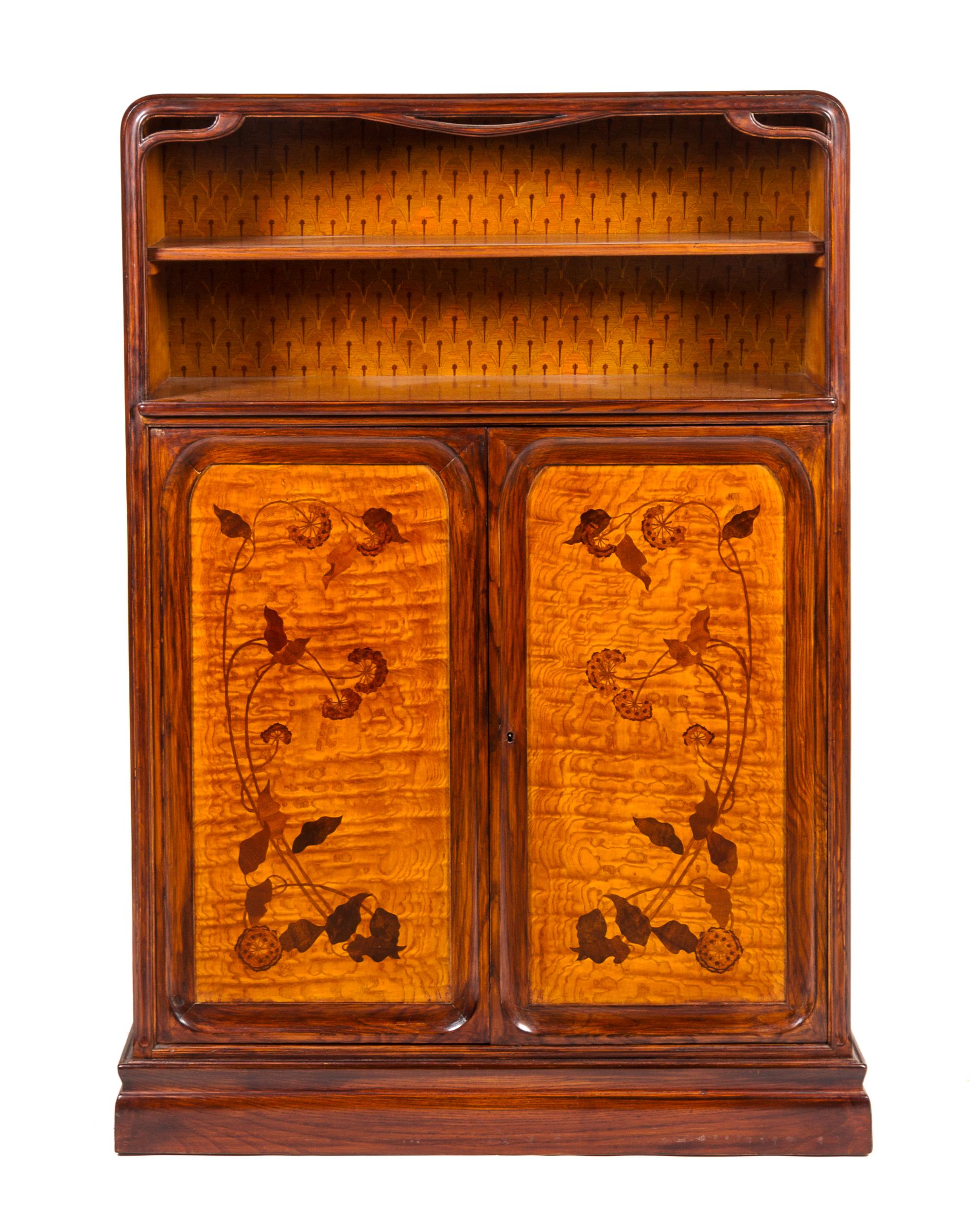 A French Art Nouveau Marquetry Console Cabinet, Louis Majorelle Height 24 x width 36 3/4 x depth 12 inches.