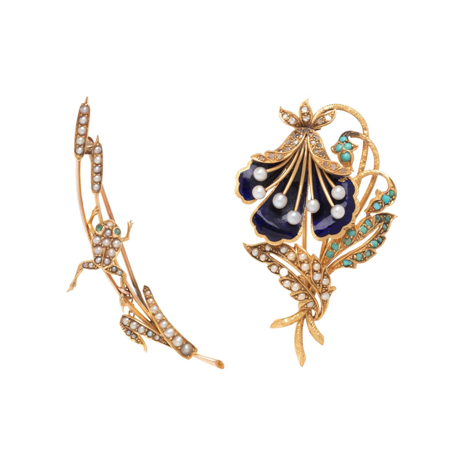 COLLECTION OF YELLOW GOLD AND MULTIGEM BROOCHES