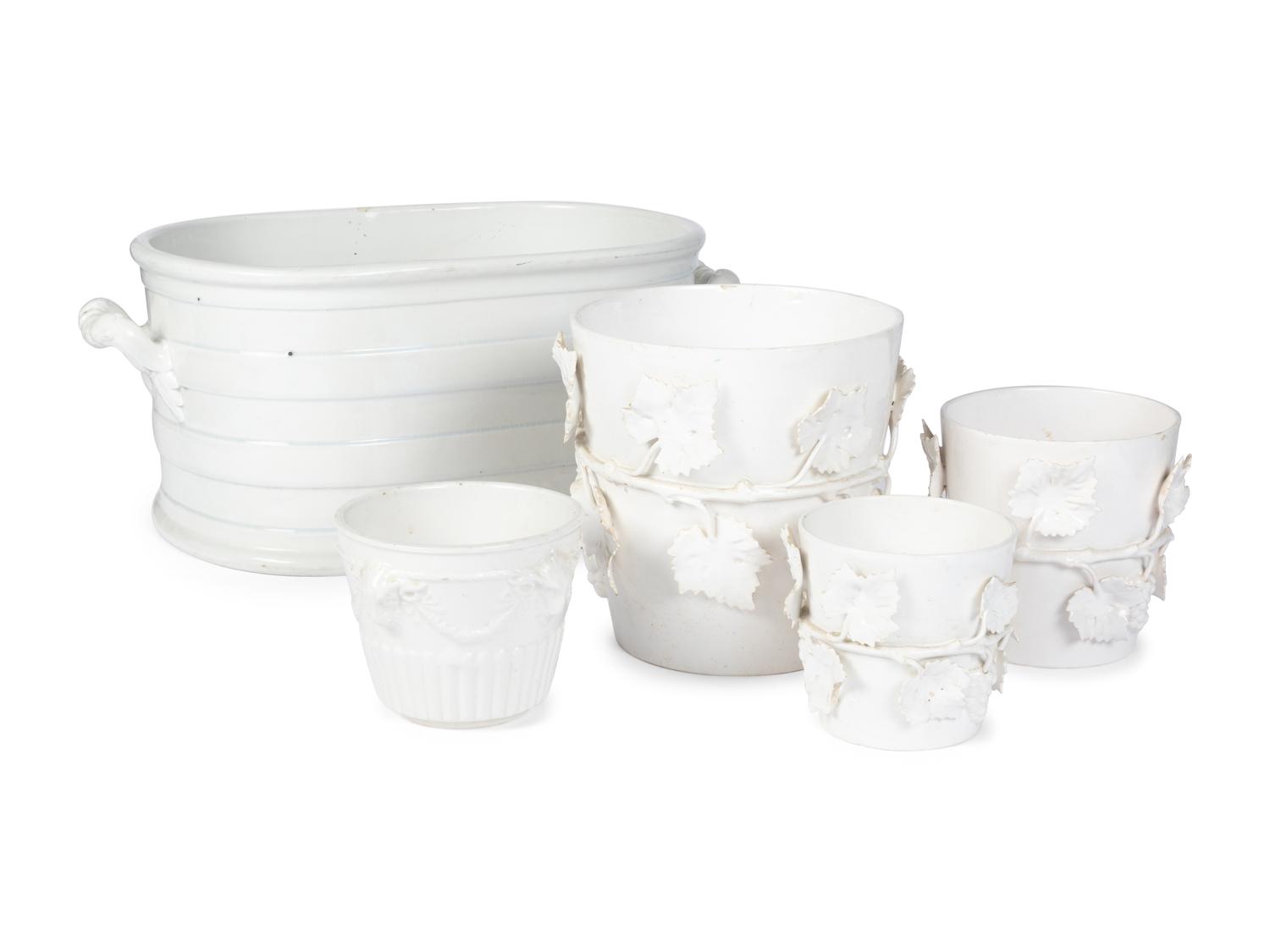A Large Creamware Basin and Four Similar Jardinières