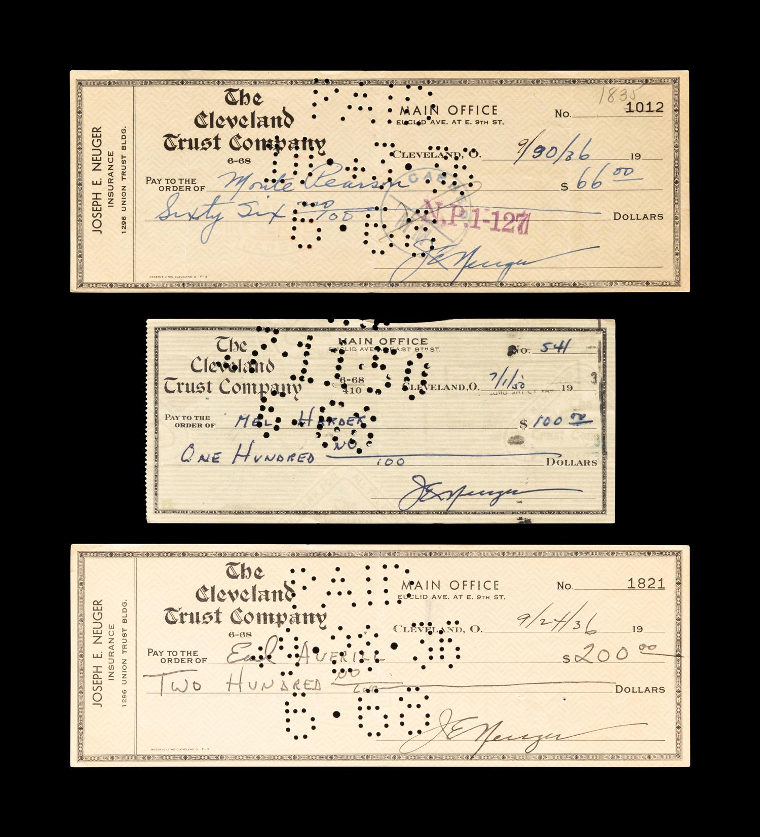 A Group of Three 1930s Cleveland Indians Signed Checks (Including Earl Averill),
