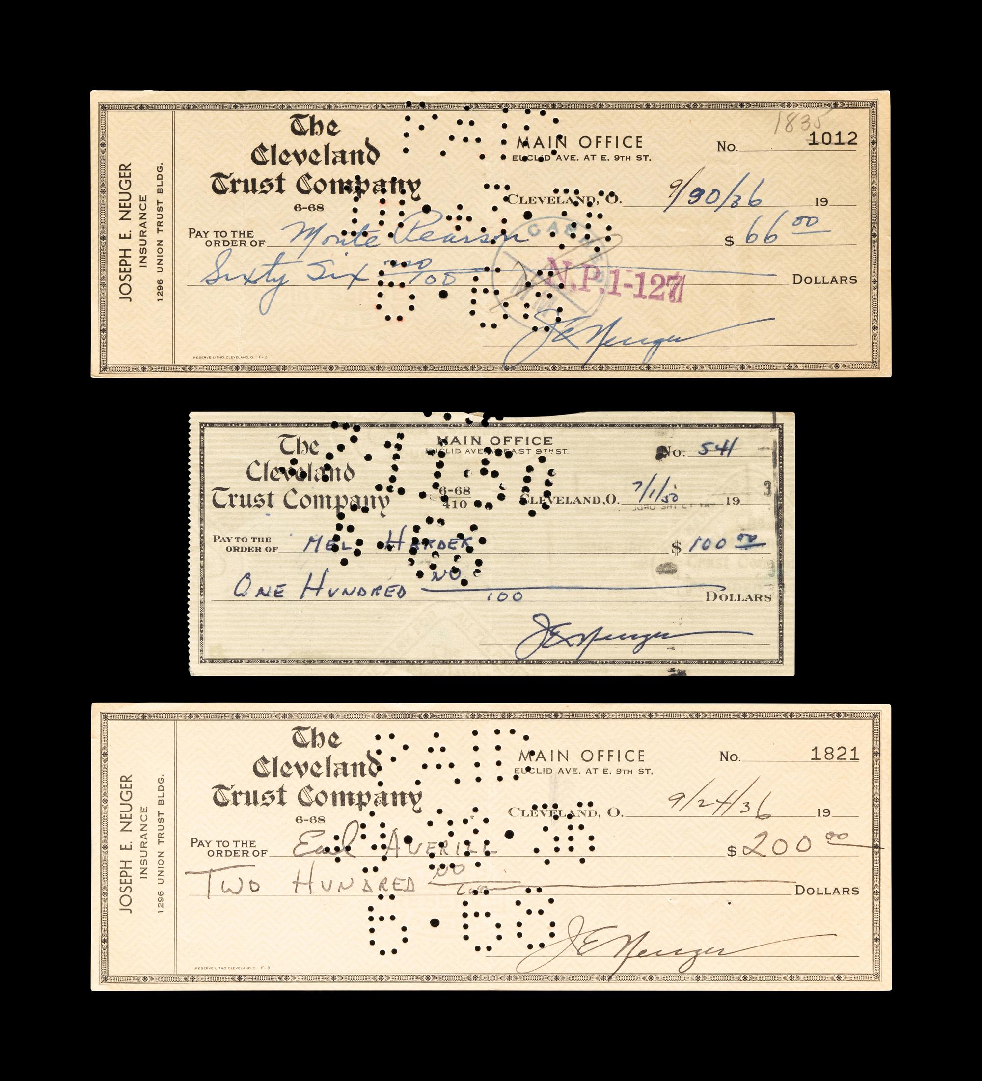 A Group of Three 1930s Cleveland Indians Signed Checks (Including Earl Averill),