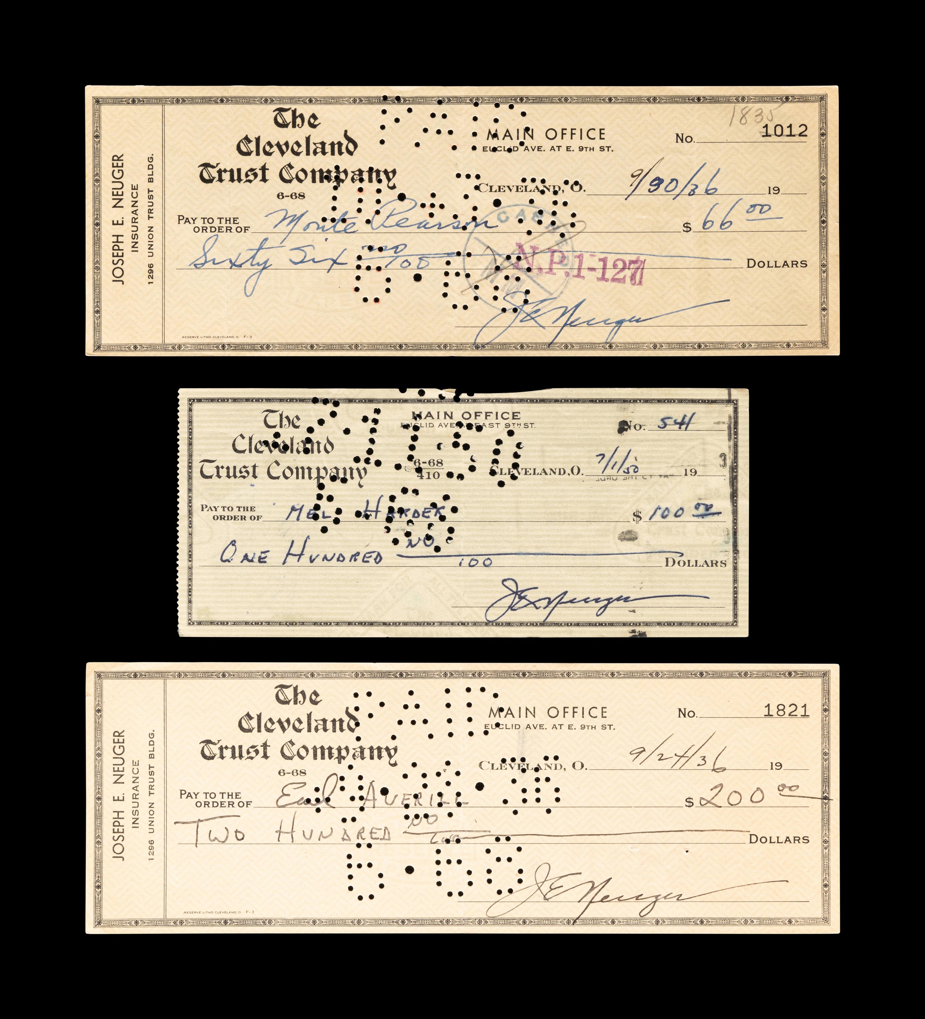 A Group of Three 1930s Cleveland Indians Signed Checks (Including Earl Averill),