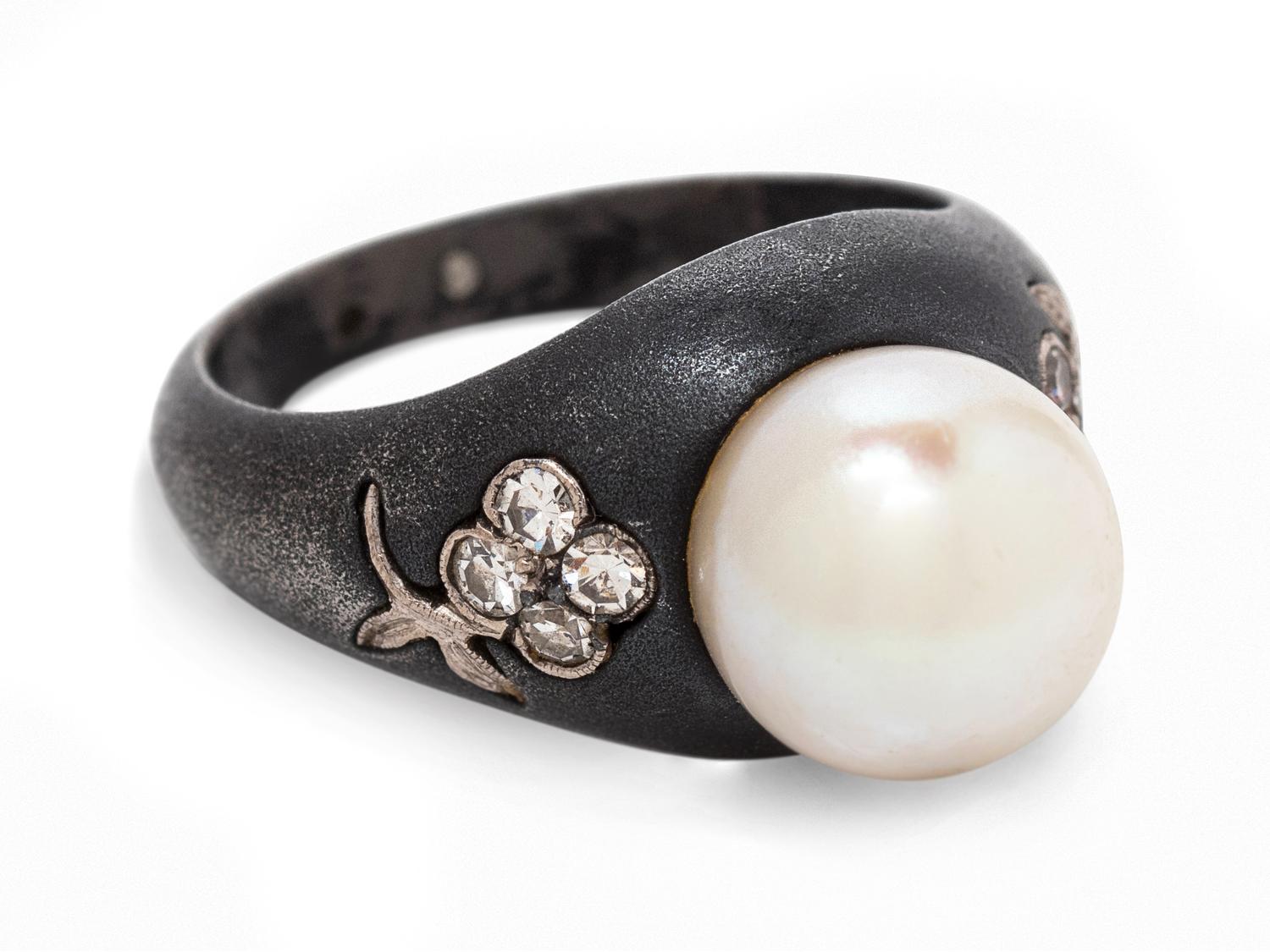An Art Moderne Blackened Steel, White Gold, Cultured Pearl and Diamond Ring, Marsh & Co.,
