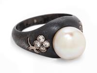 An Art Moderne Blackened Steel, White Gold, Cultured Pearl and Diamond Ring, Marsh & Co.,