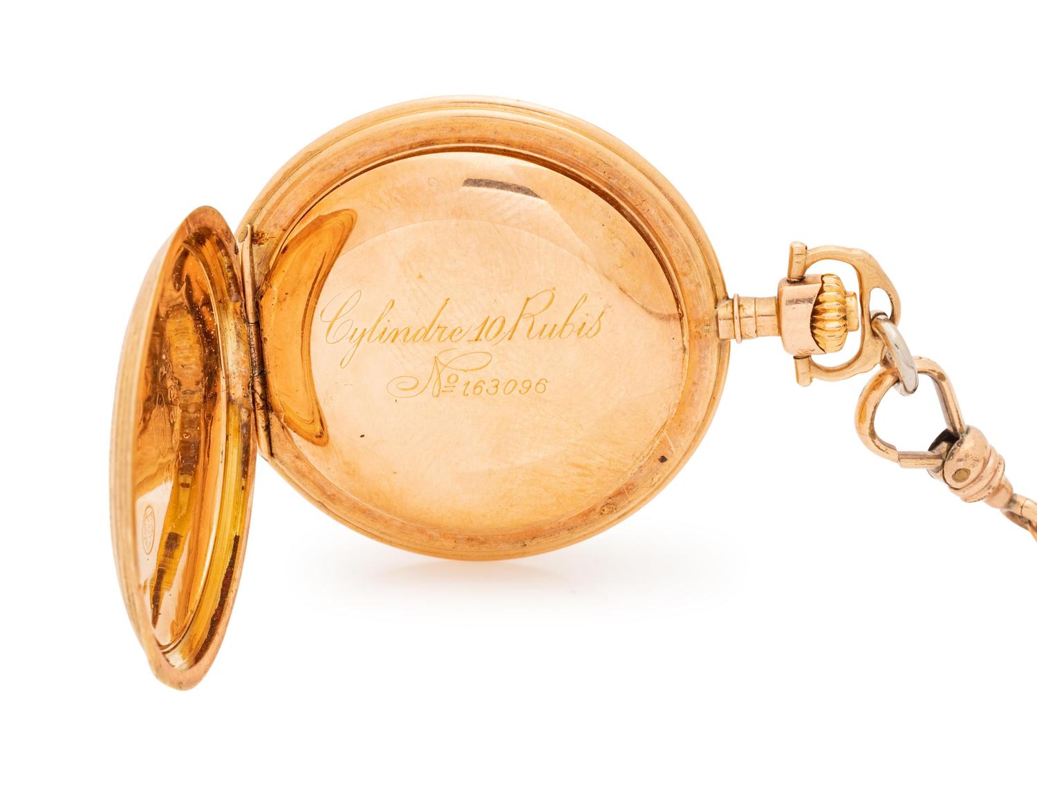A 14 Karat Yellow Gold Hunter Case Pocket Watch with Gold Filled Longchain,