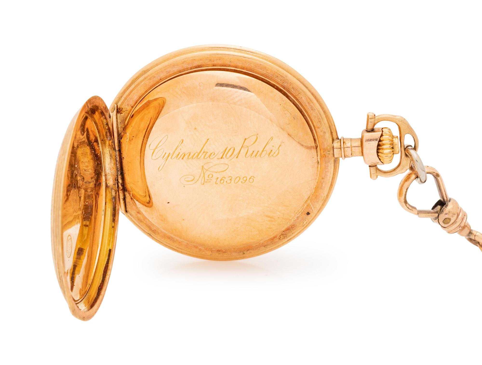 A 14 Karat Yellow Gold Hunter Case Pocket Watch with Gold Filled Longchain,